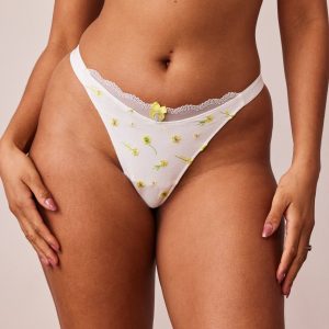 Ribbed Floral Triangle Thong - White