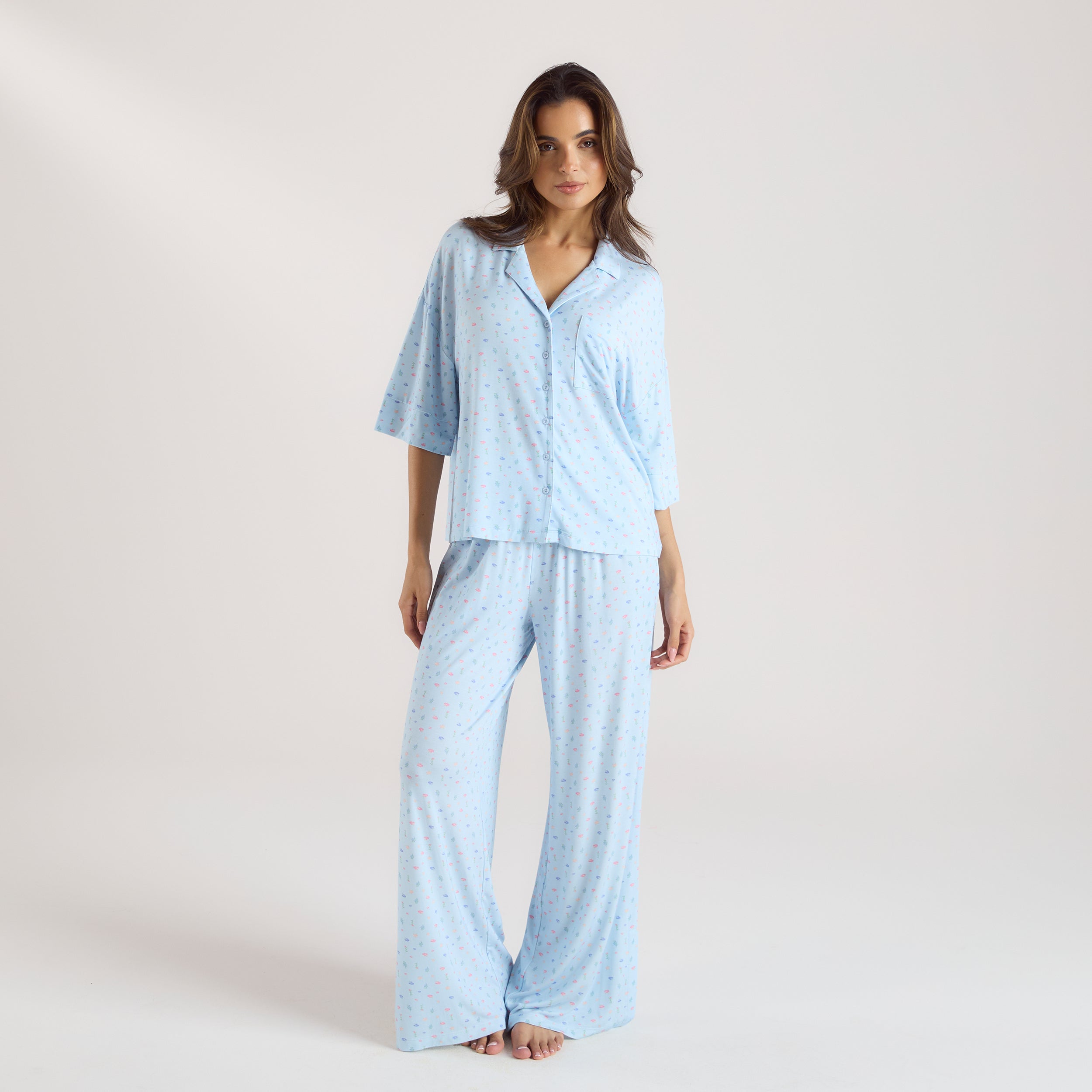 Modal Short Sleeve Pyjama Shirt - Blue Floral - Image 2