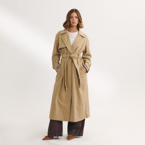 Suedette Trim Trench Coat - Sand