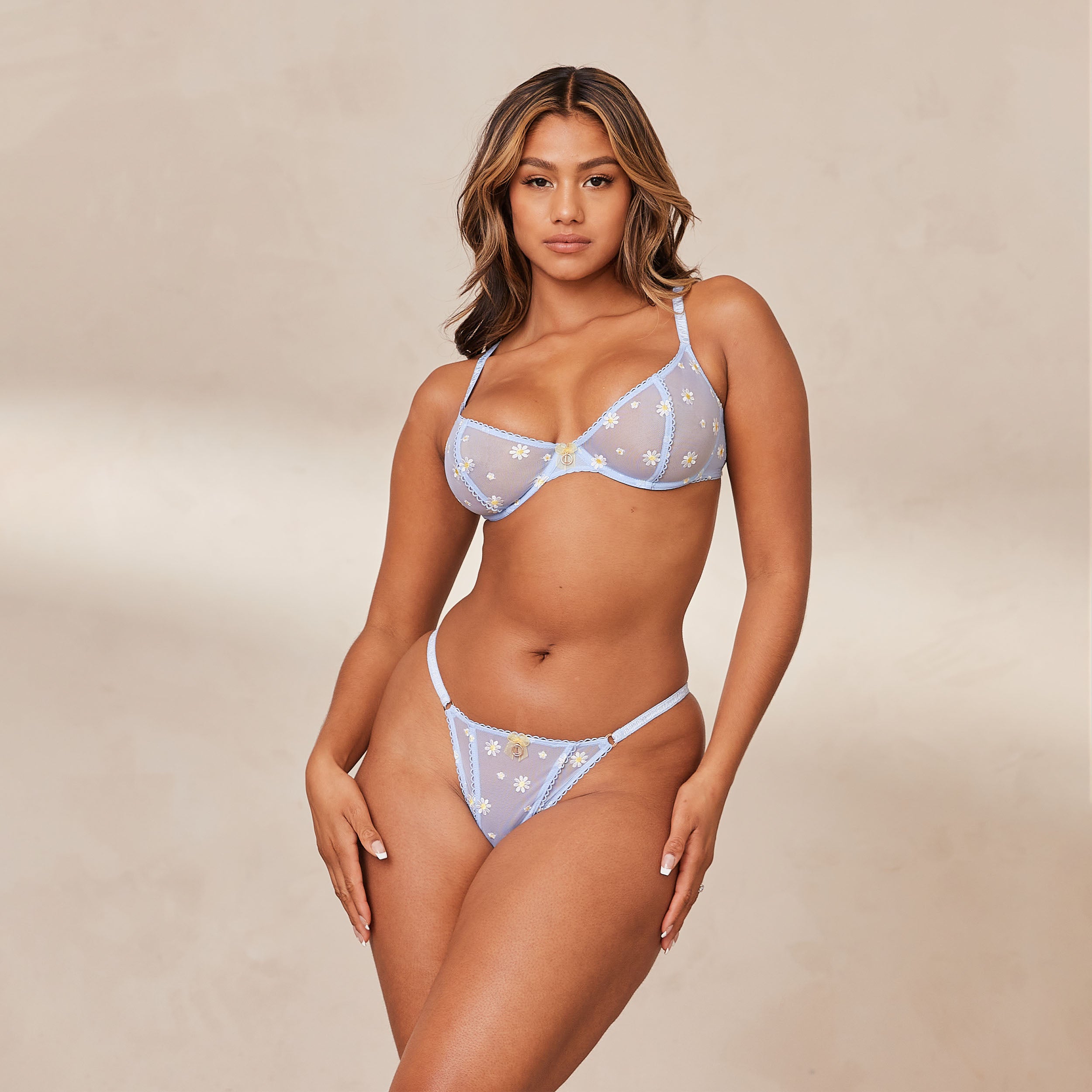 Sheer Floral Balcony Bra - Blue