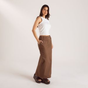 Double Button Woven Maxi Skirt - Chocolate