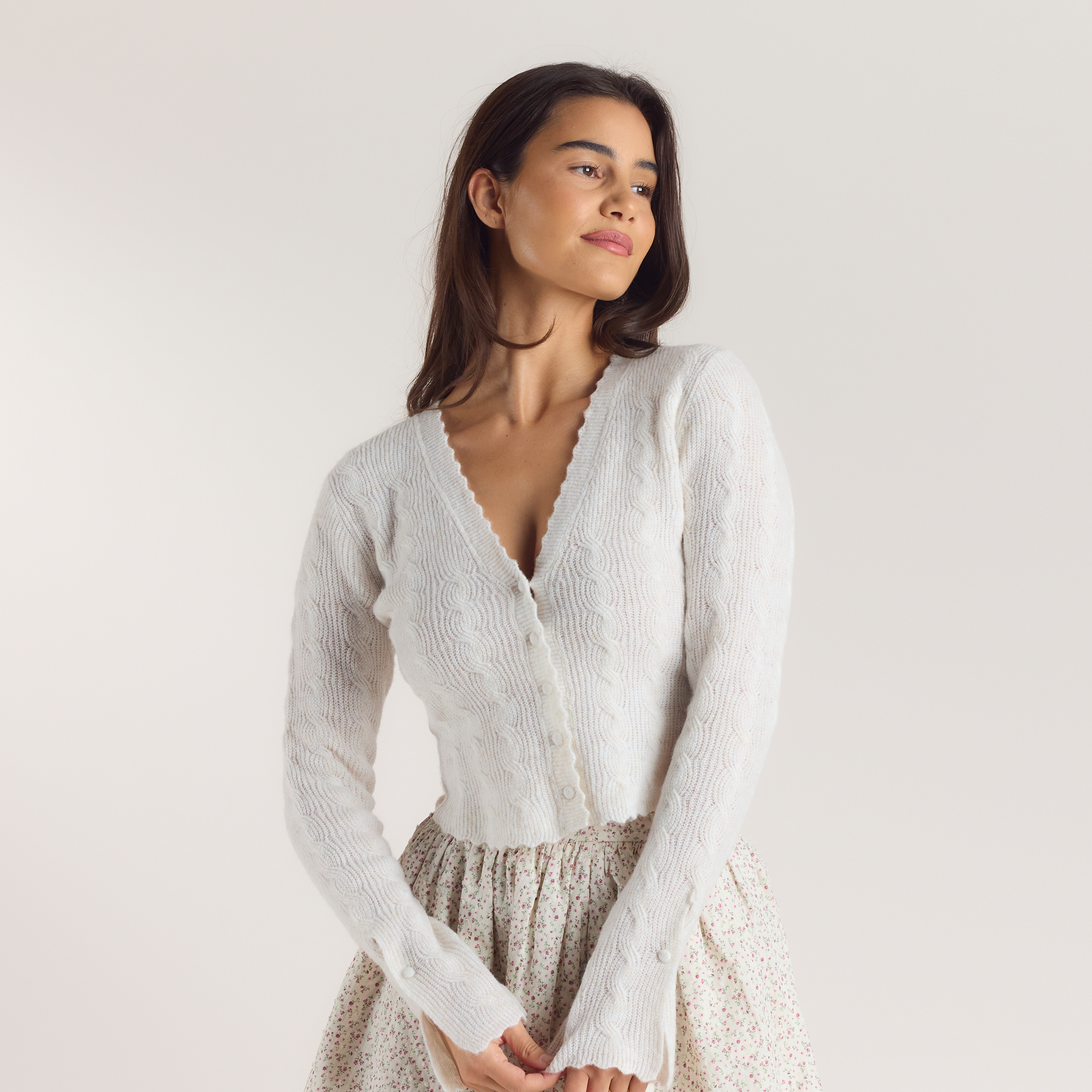 Fluted Sleeve Knitted Cardigan - Cream