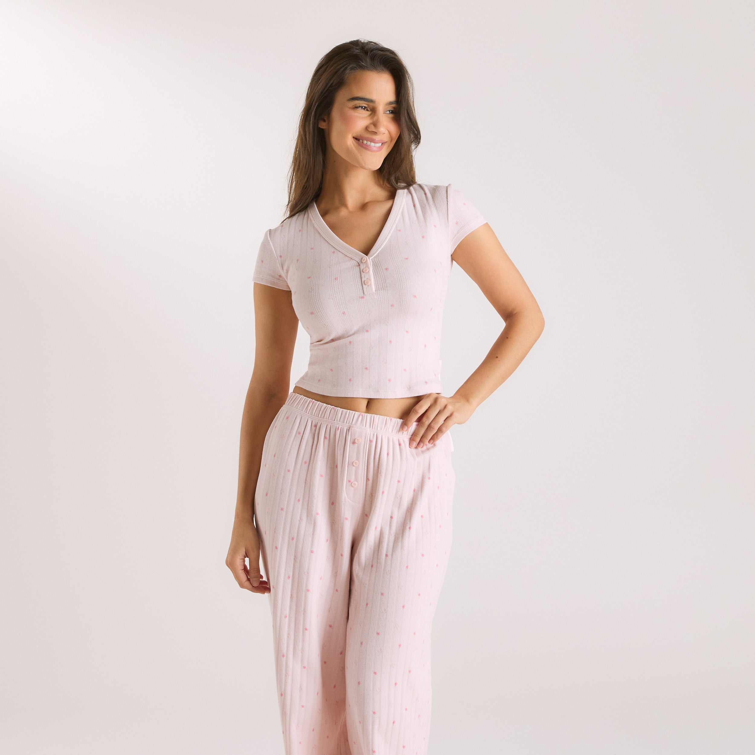 Pointelle Pyjama Top - Pink Floral - Image 2
