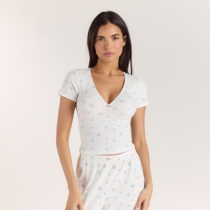 Ribbed Short-Sleeve Pyjama Top - White Floral