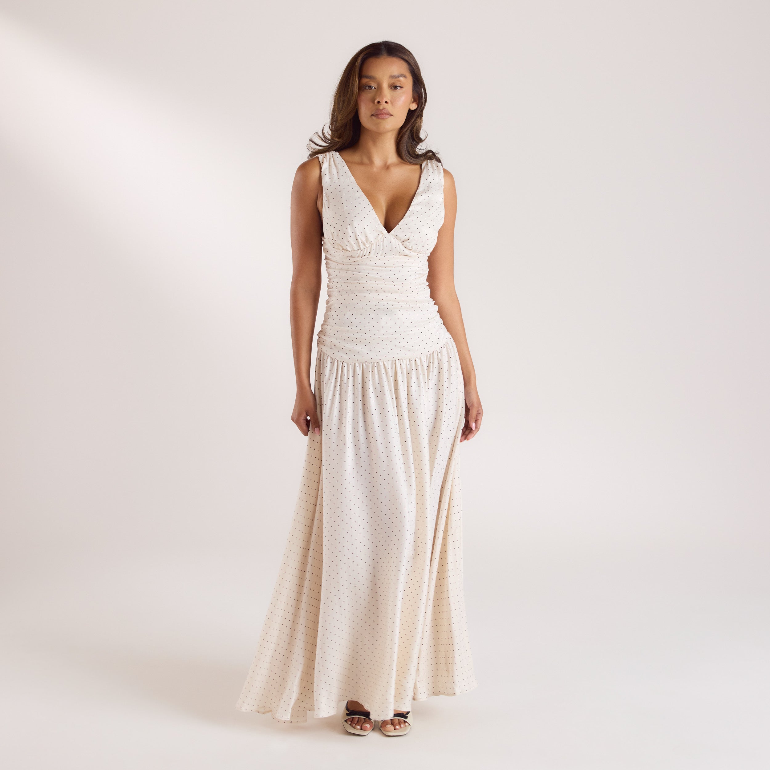 Cupro Blend Maxi Dress - White Polka Dot