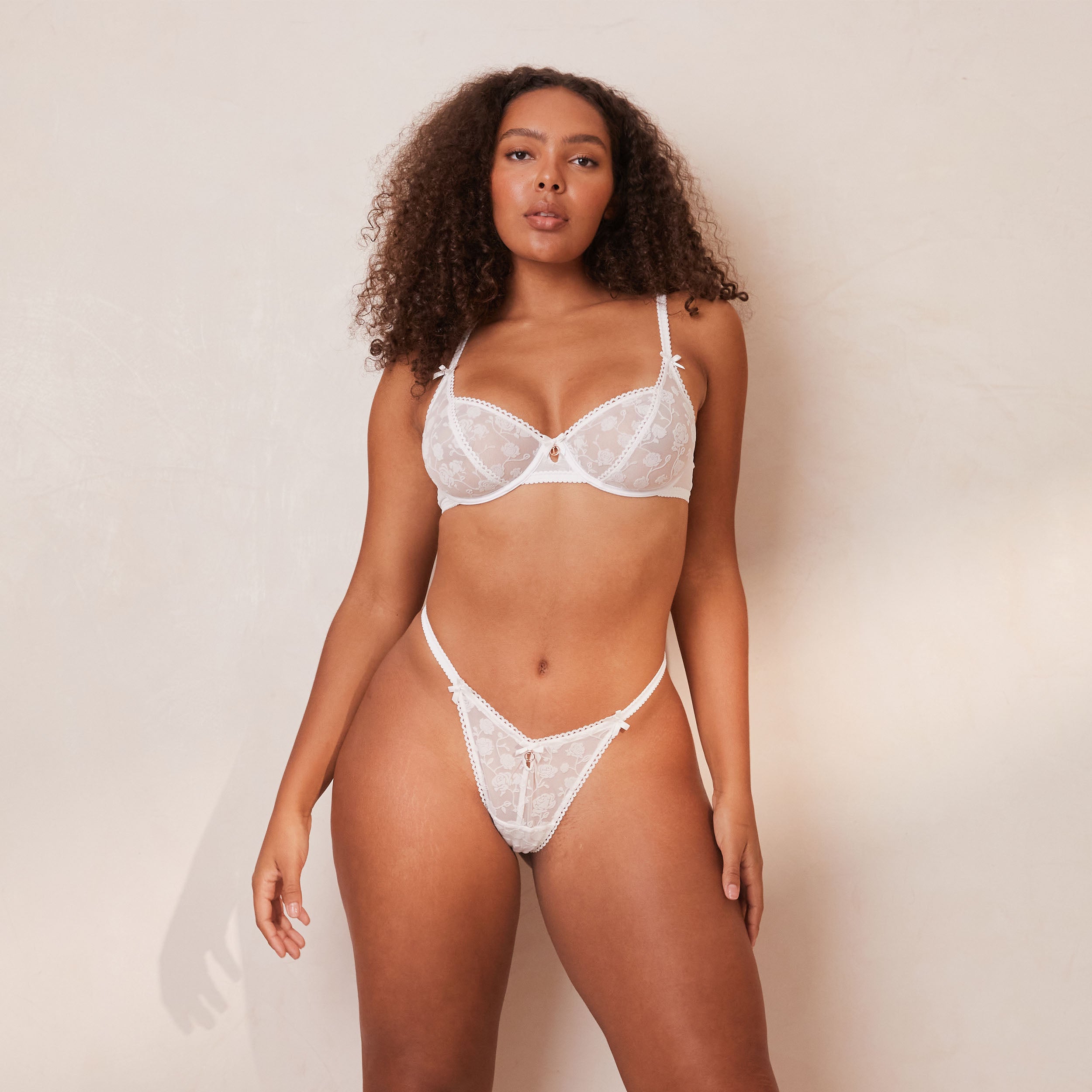 Flocked Floral Balcony Bra - White - Image 7