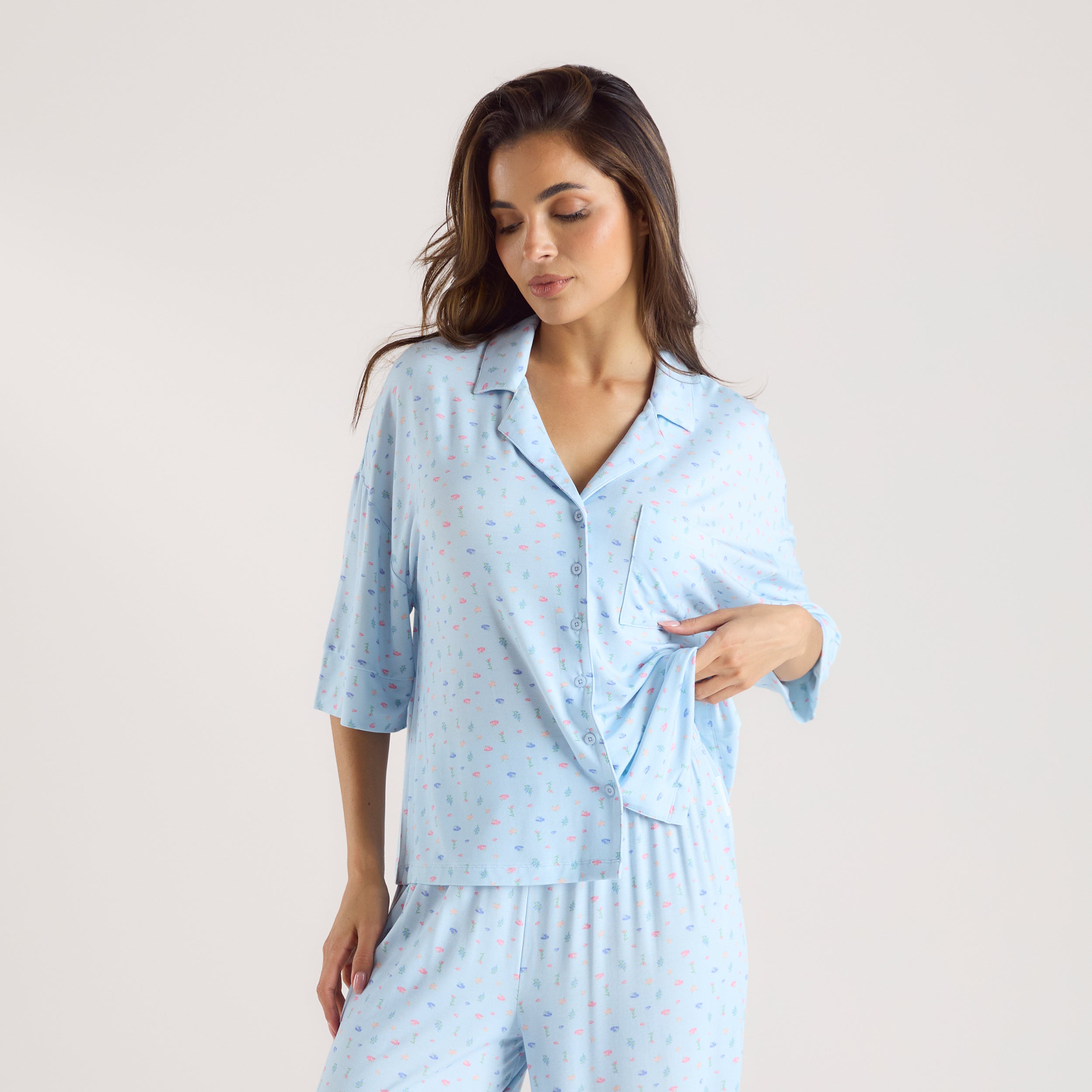 Modal Short Sleeve Pyjama Shirt - Blue Floral
