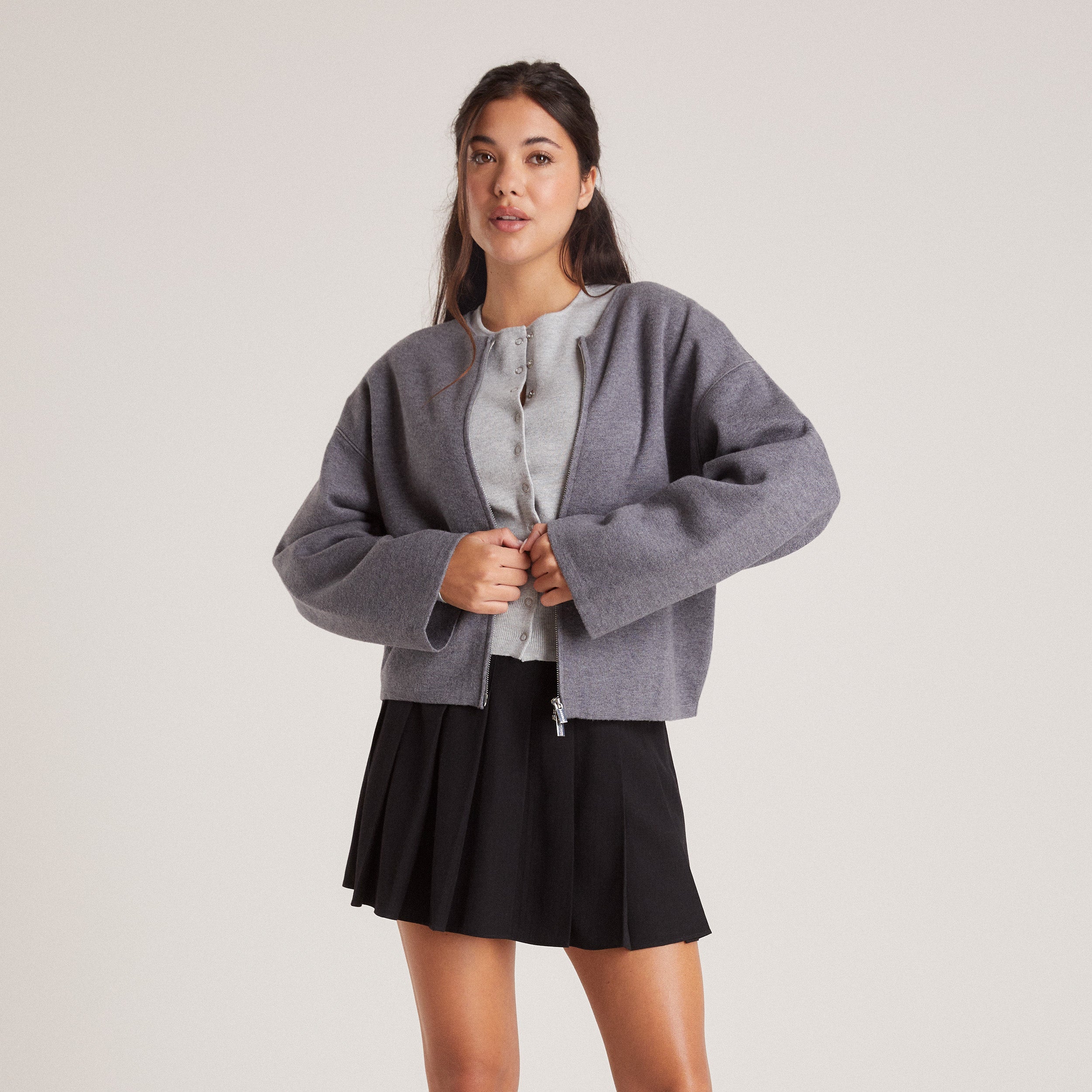 Zip-Up Cardigan - Charcoal - Image 2