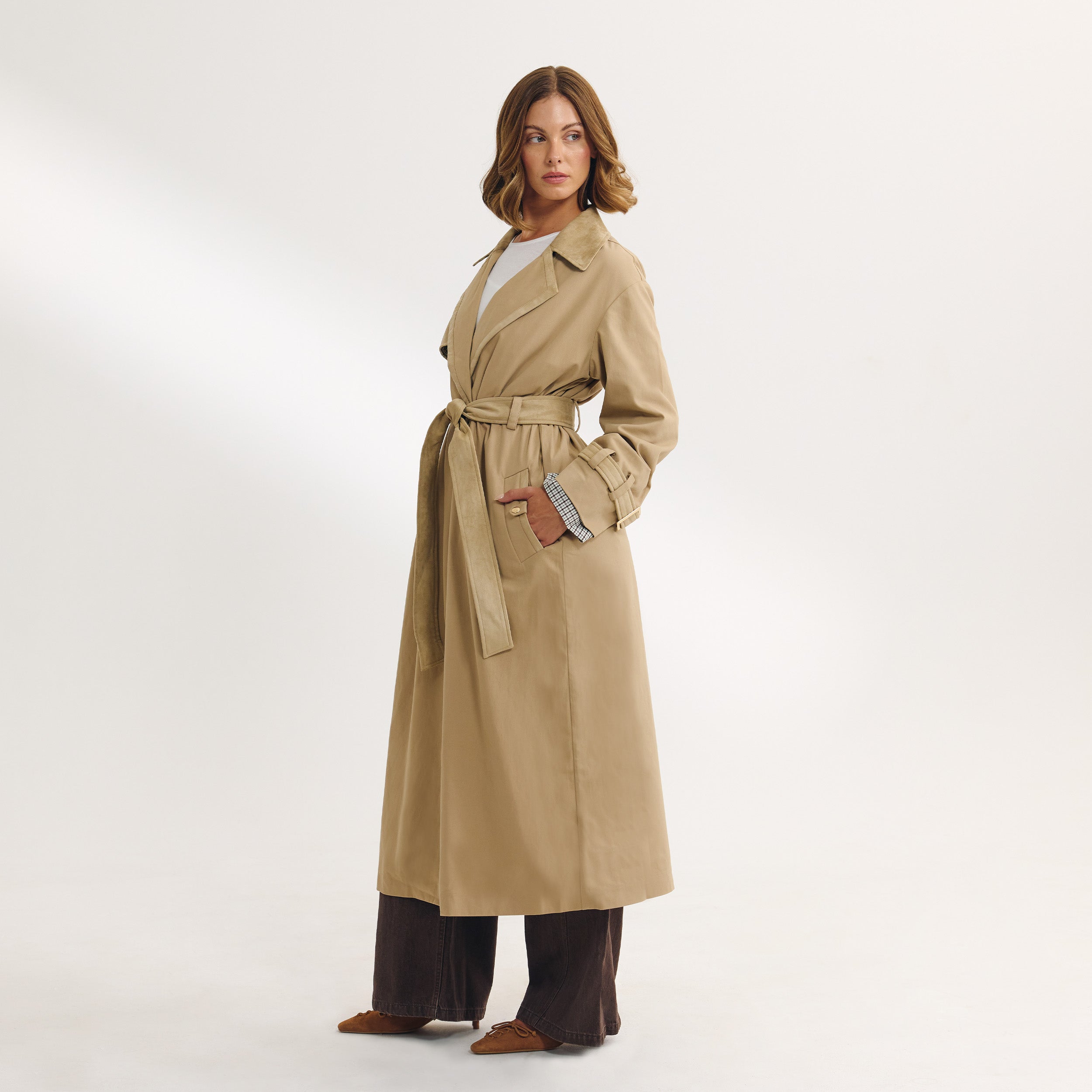 Suedette Trim Trench Coat - Sand - Image 2