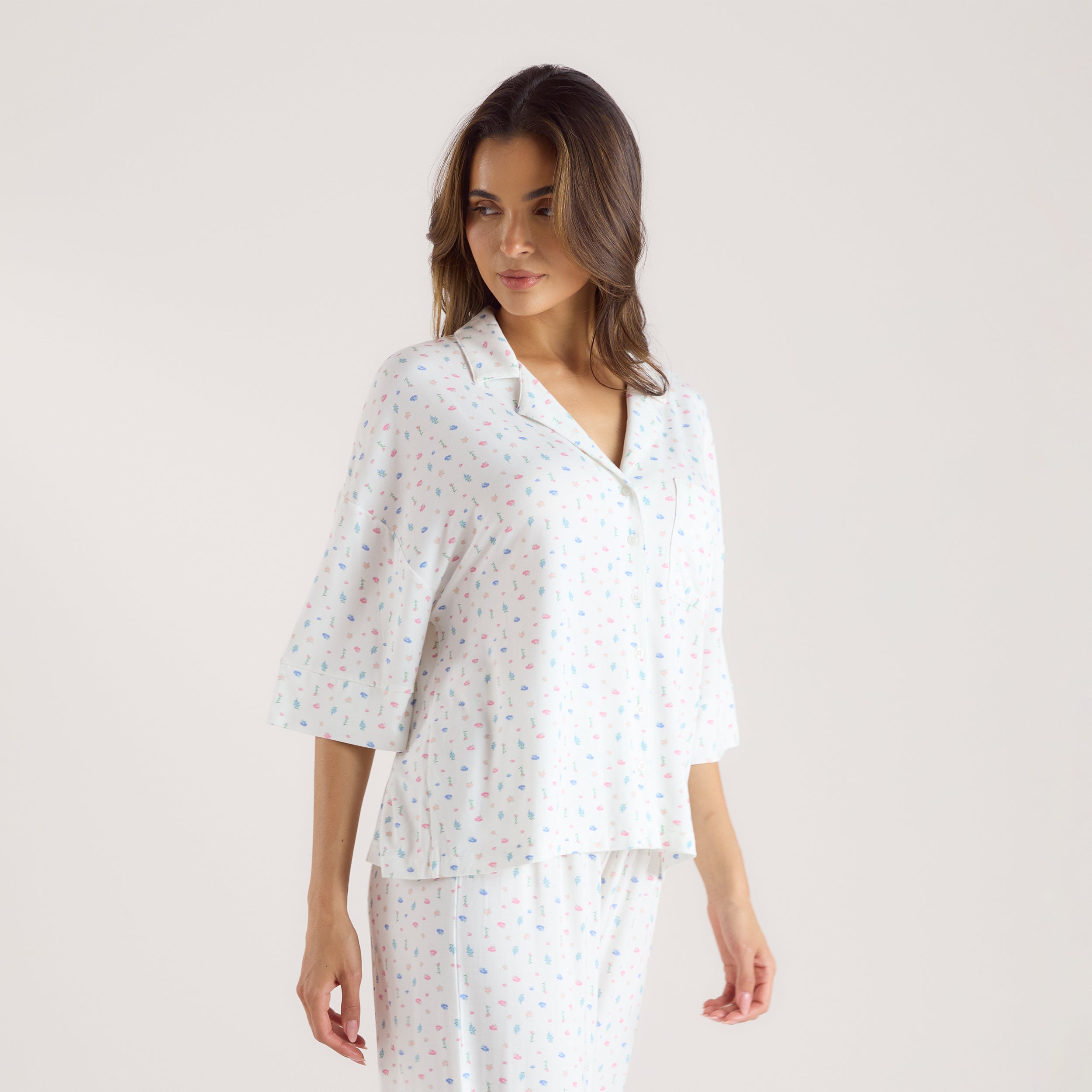 Modal Short Sleeve Pyjama Shirt - White Floral - Image 2