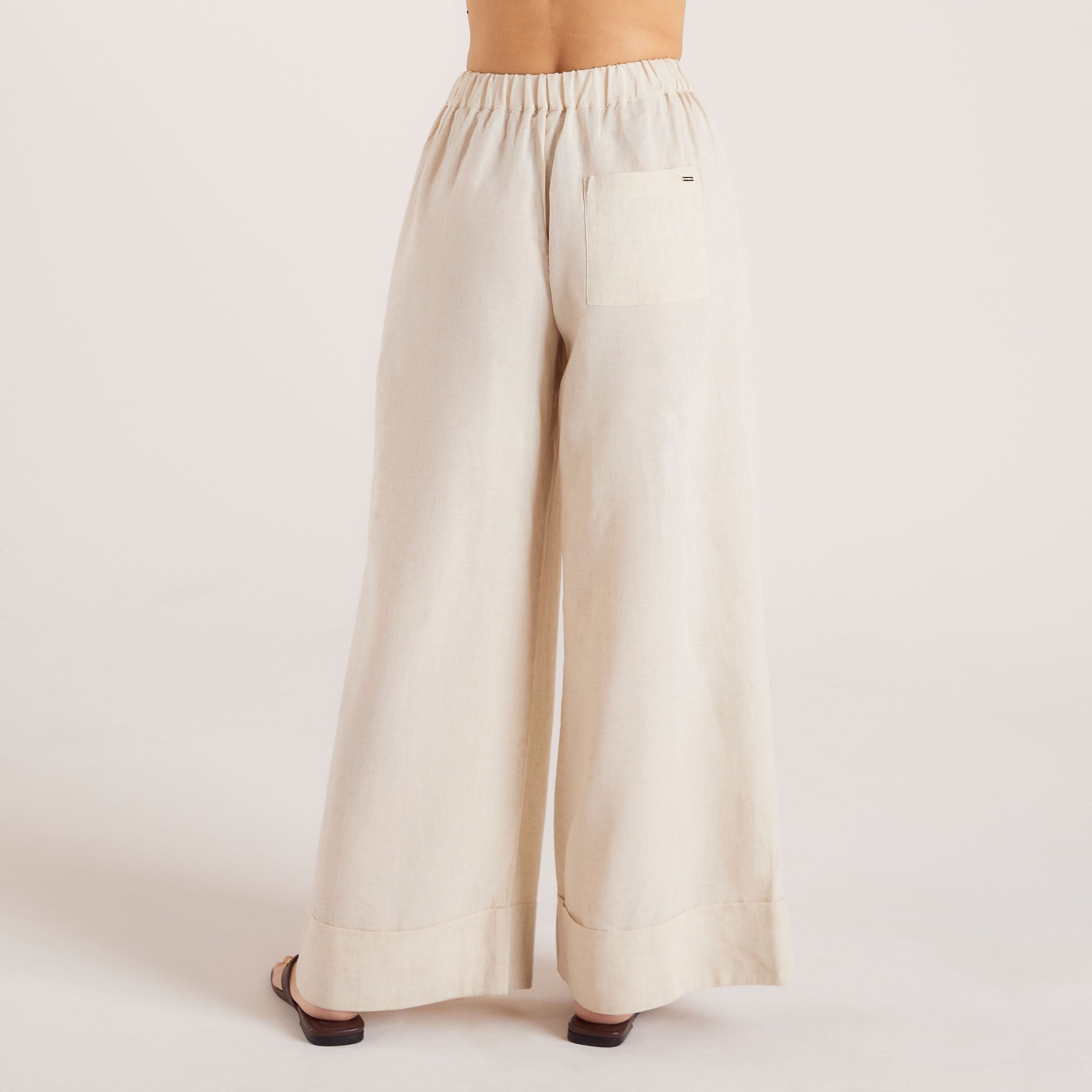 Linen Blend Wide-Leg Trousers - Cream - Image 2