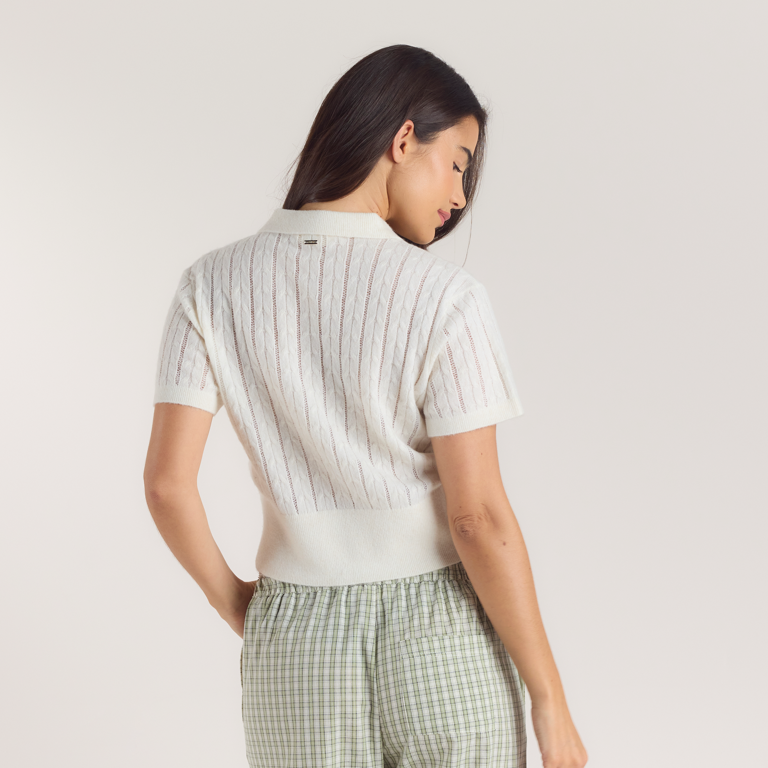 Sheer Knitted Polo Top - Cream - Image 2