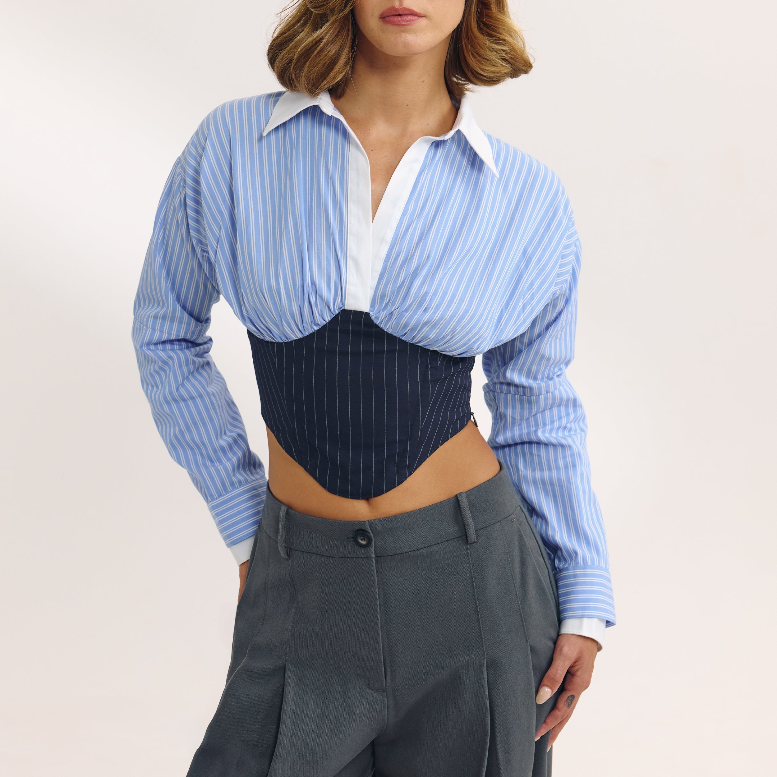Long-Sleeved Corset Shirt - Blue - Image 2
