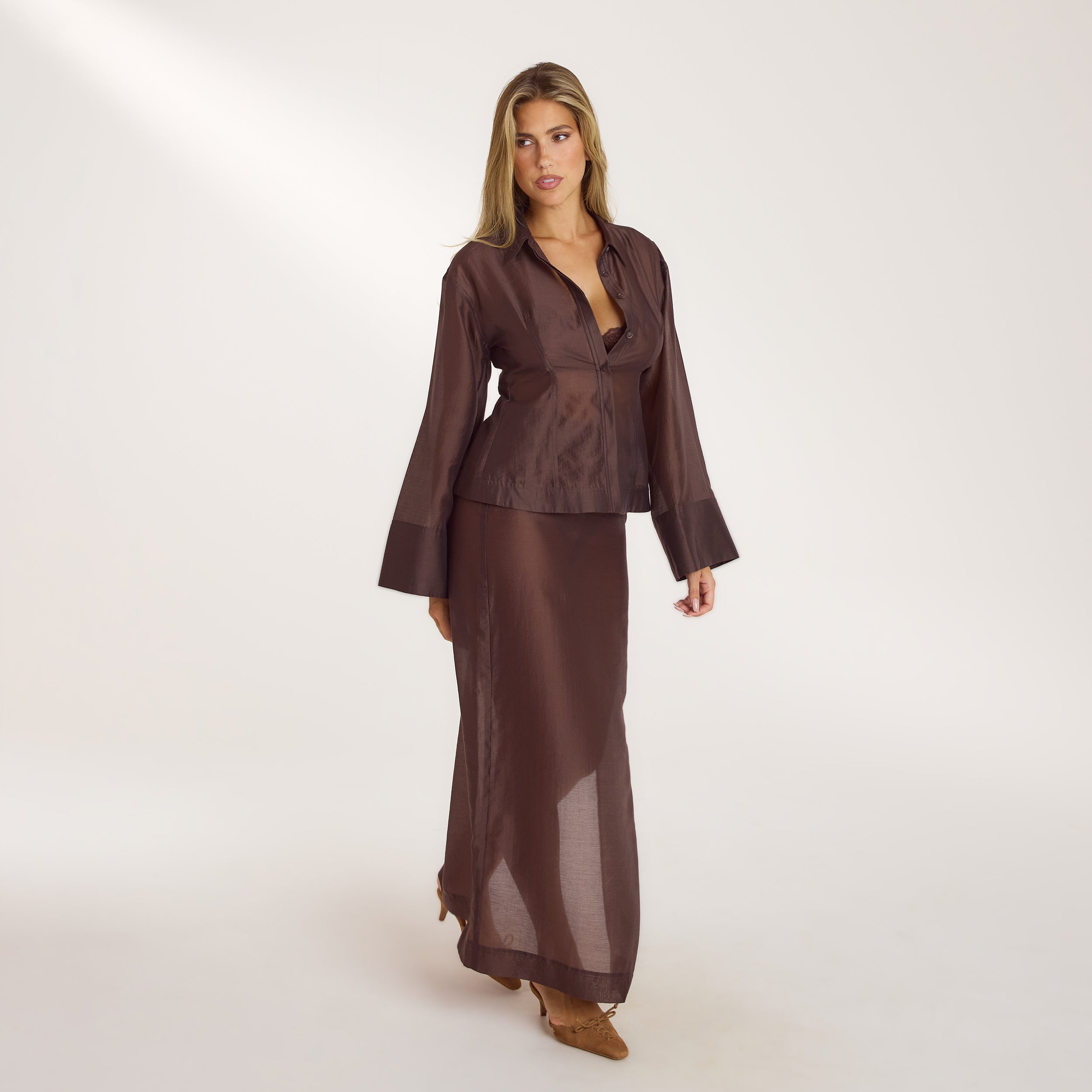 Fitted Sheer Shirt - Chocolate - Image 2