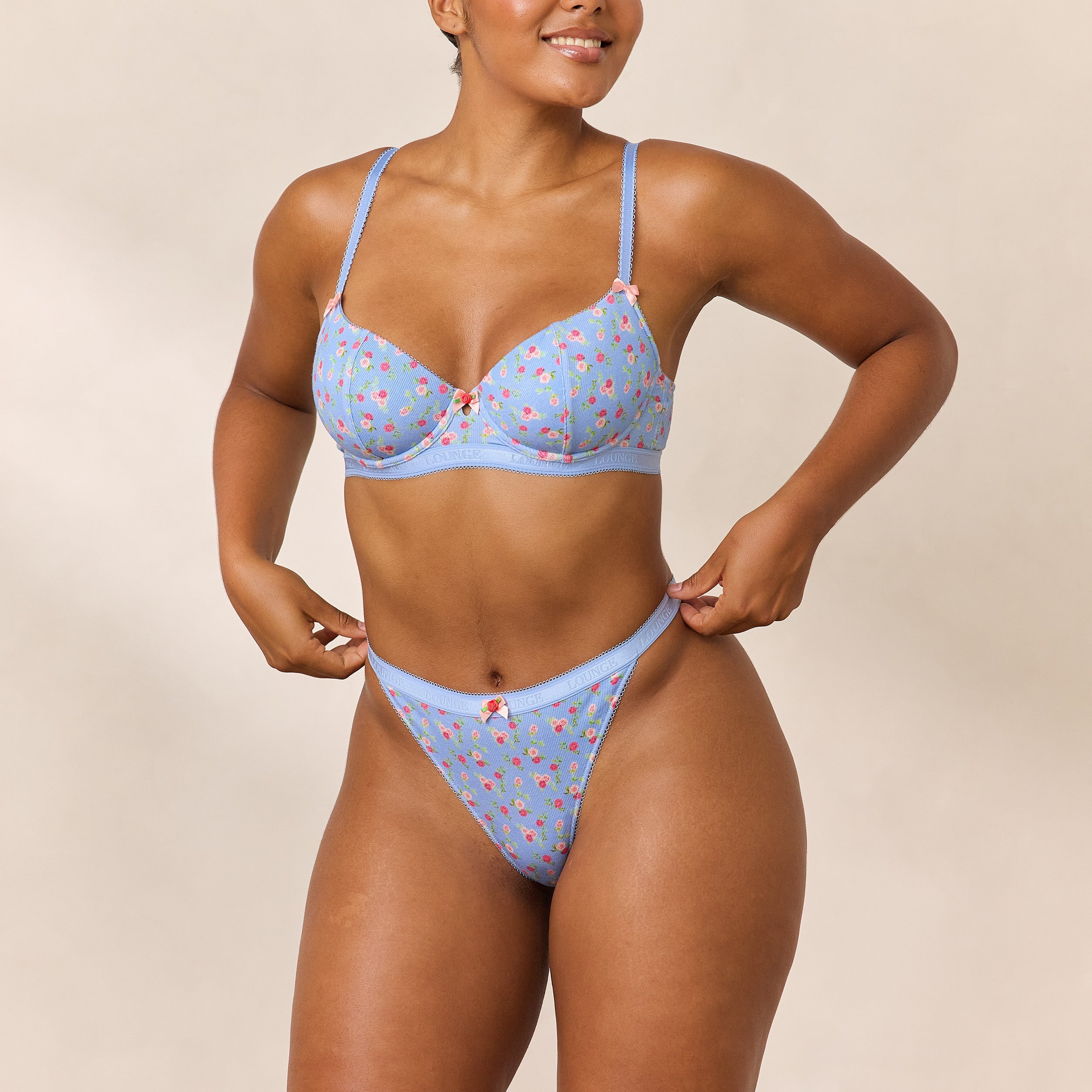 Rosebud Ribbed Balcony Bra - Blue Floral - Image 3