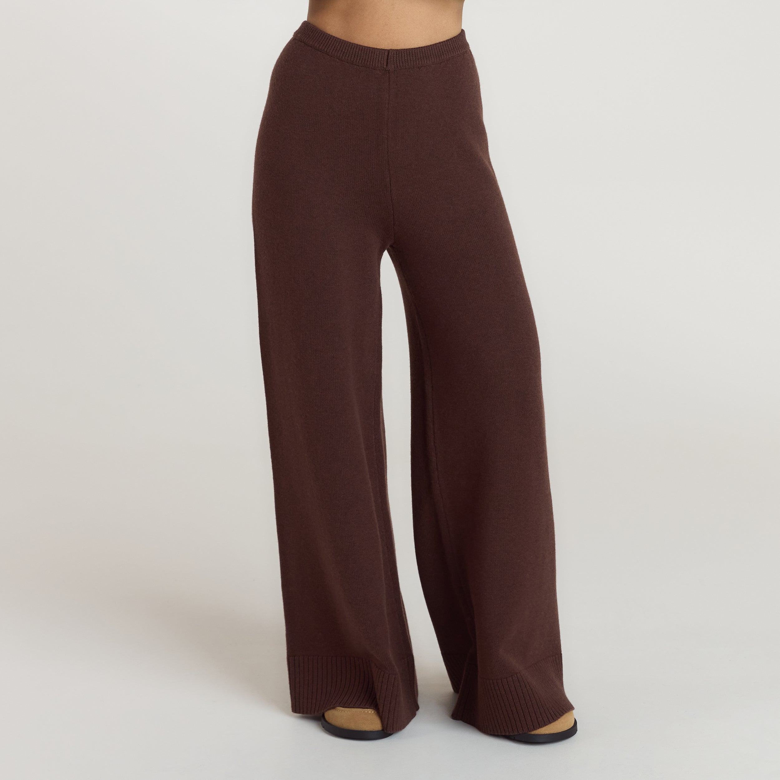 Ribbed Hem Knitted Trousers - Chocolate - Image 3