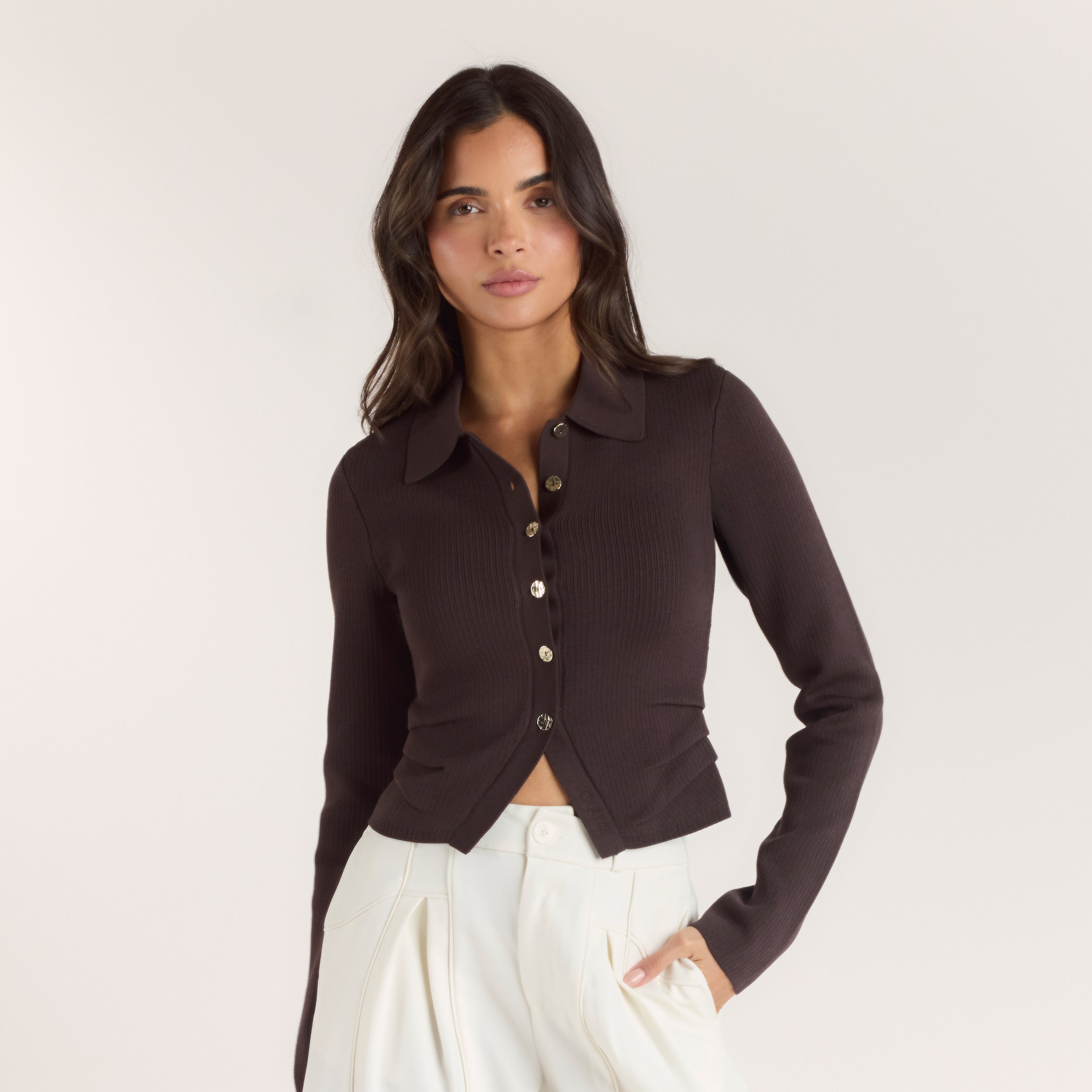 Ribbed Knitted Cardigan - Chocolate - Image 3