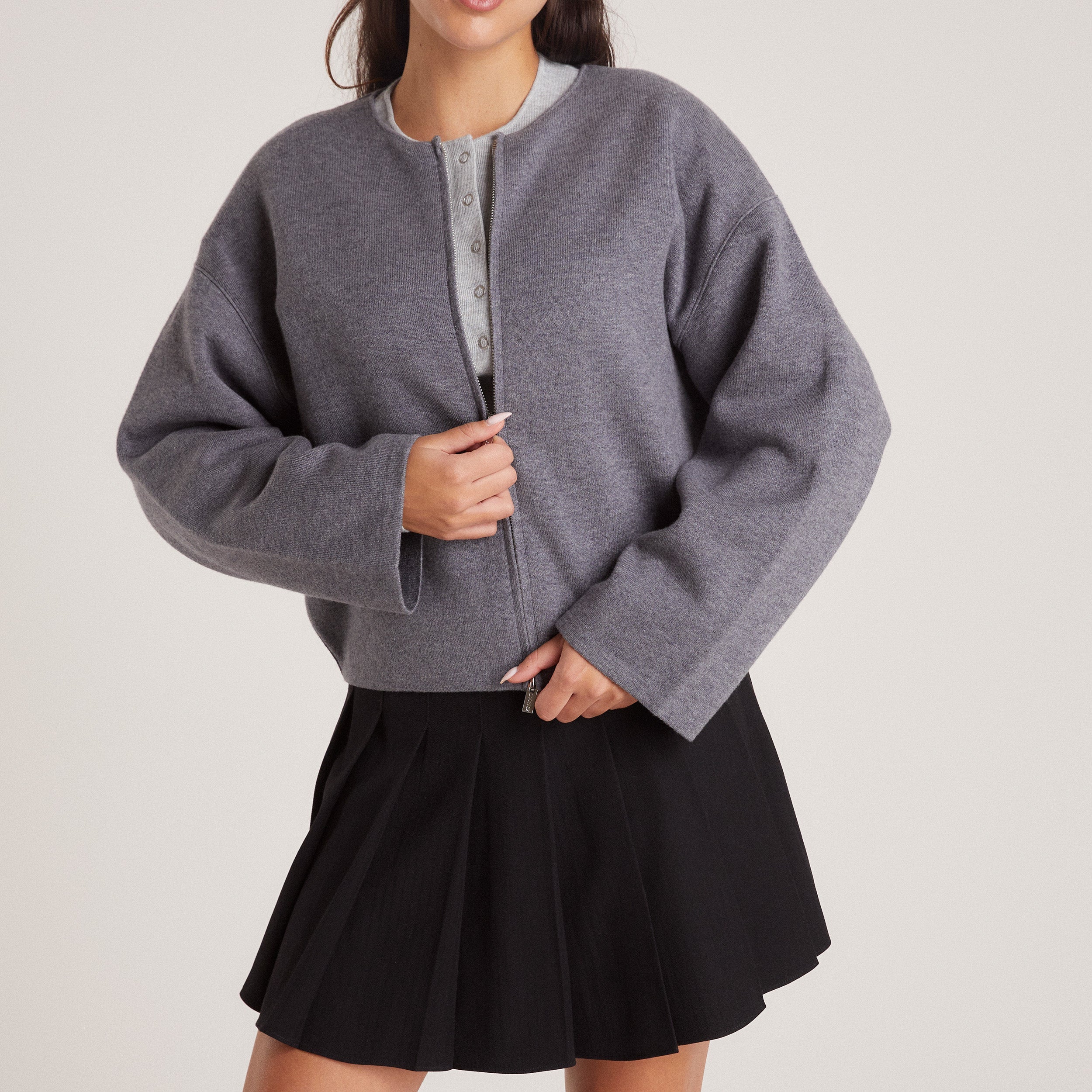 Zip-Up Cardigan - Charcoal - Image 3