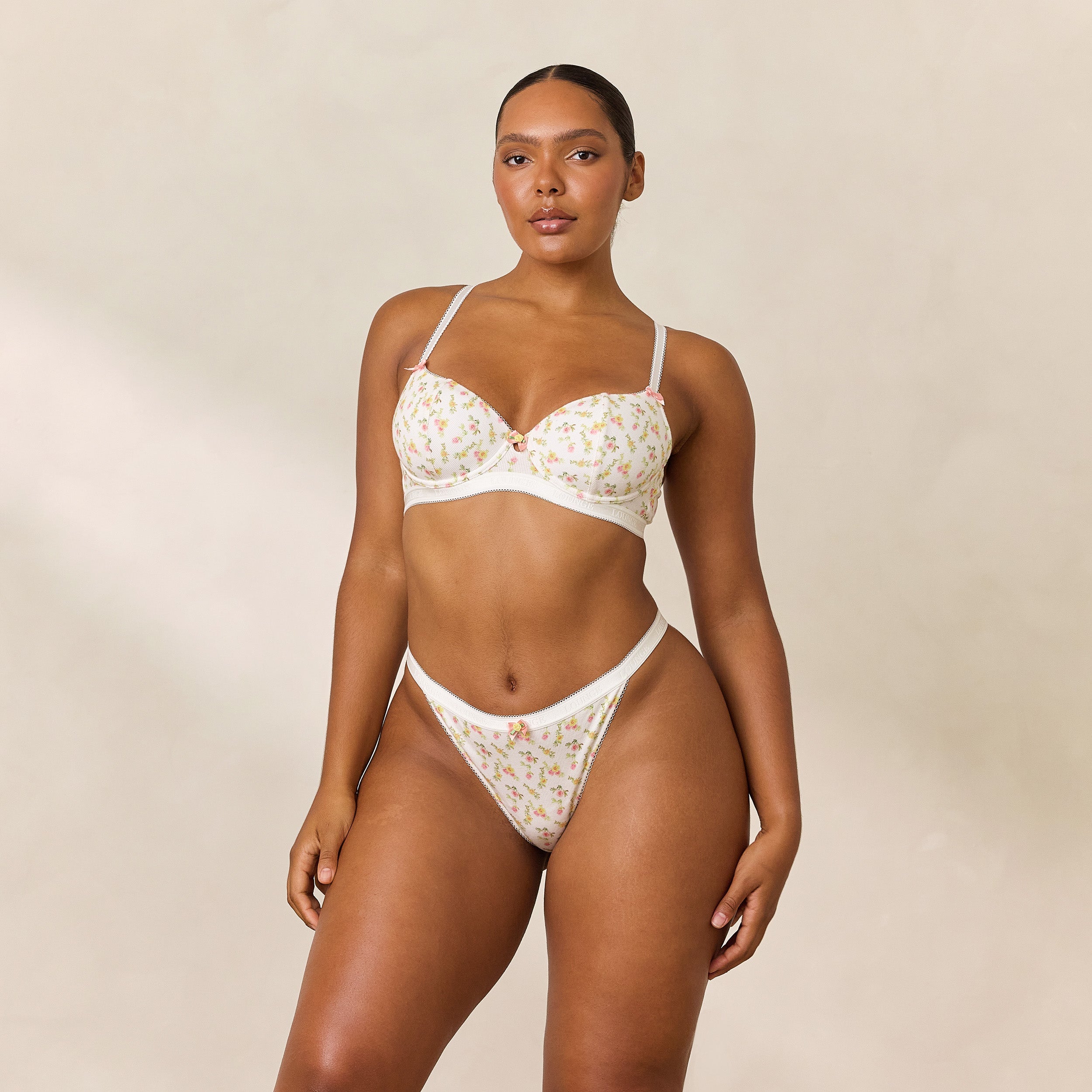 Rosebud Ribbed Balcony Bra - White Floral - Image 3