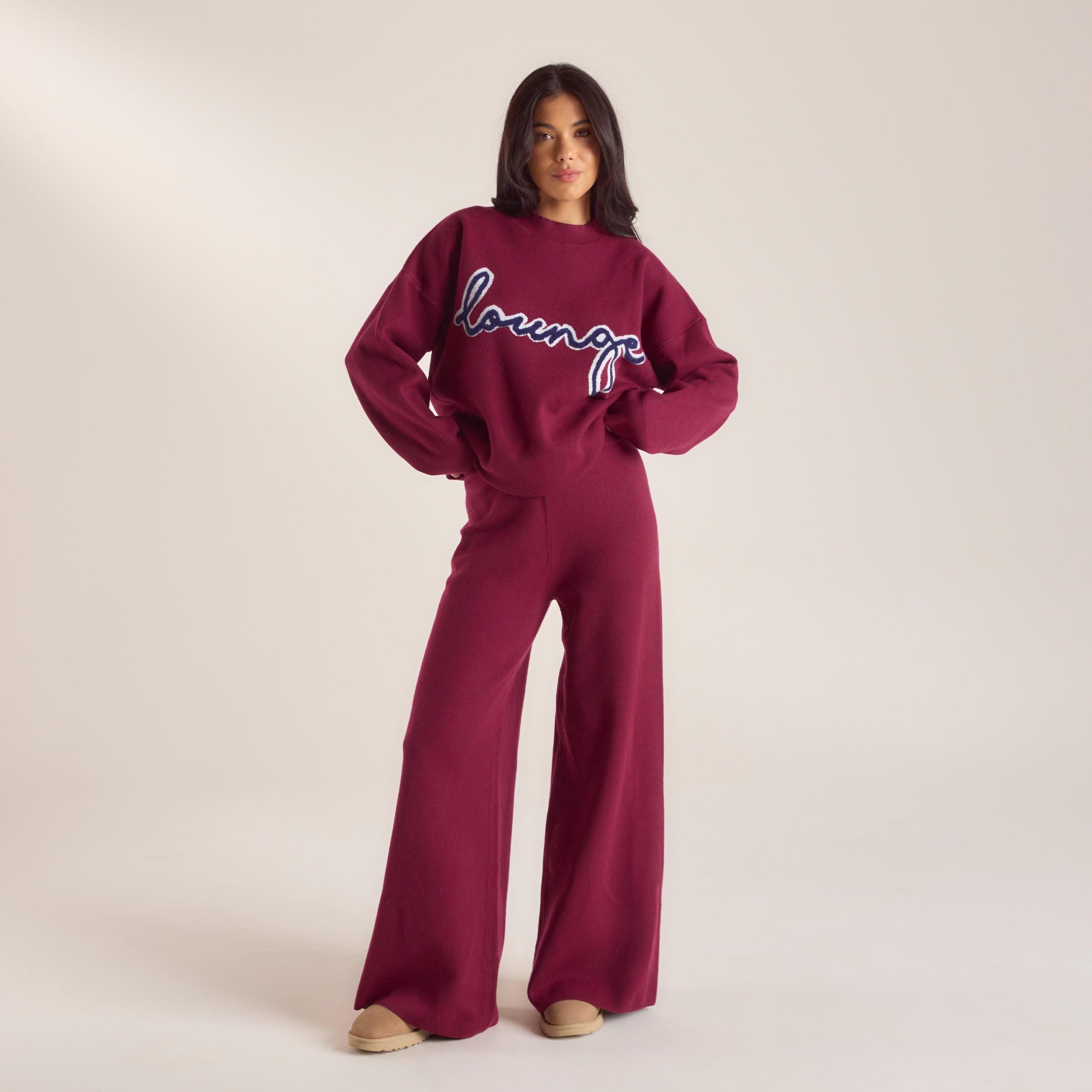 Logo Knitted Crew Neck Jumper - Burgundy - Image 3
