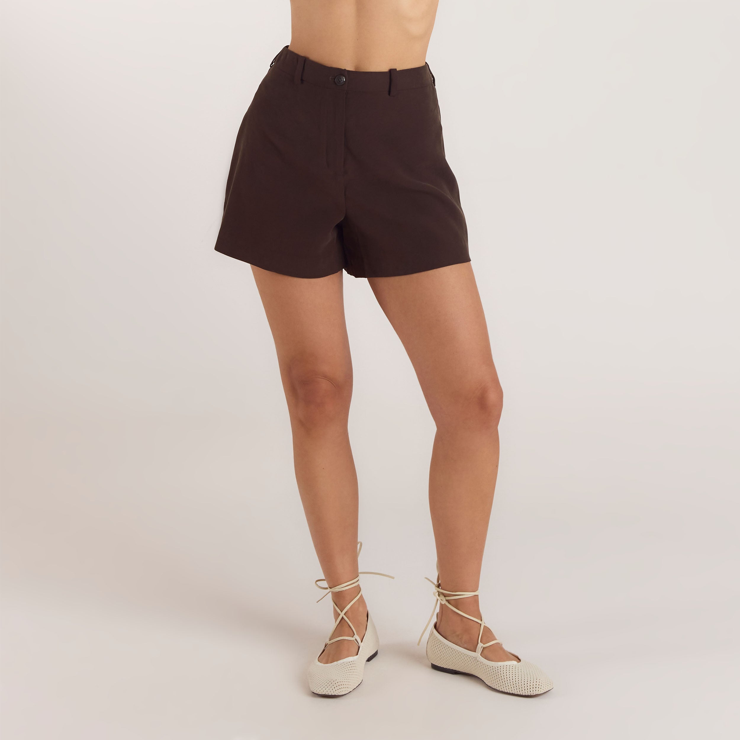 High-Waisted Tailored Shorts - Chocolate - Image 3