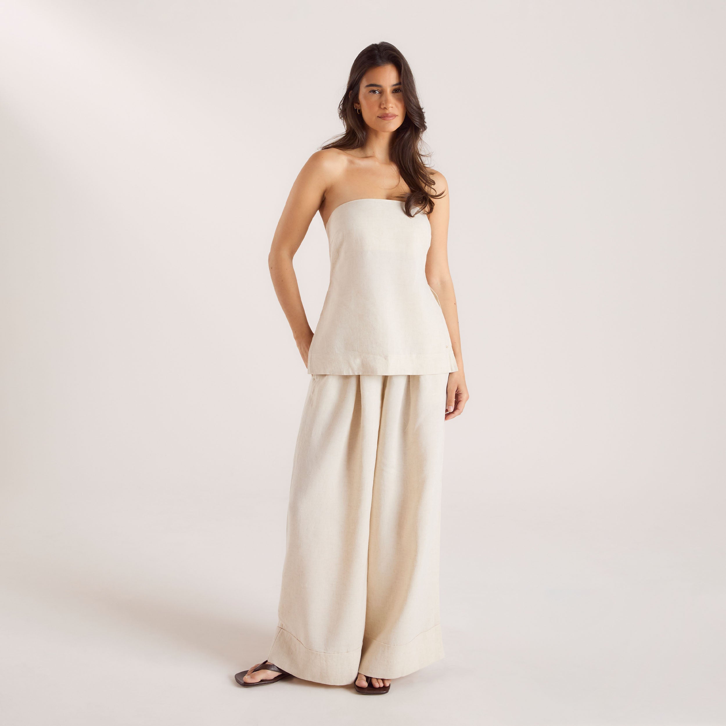Linen Blend Wide-Leg Trousers - Cream - Image 3