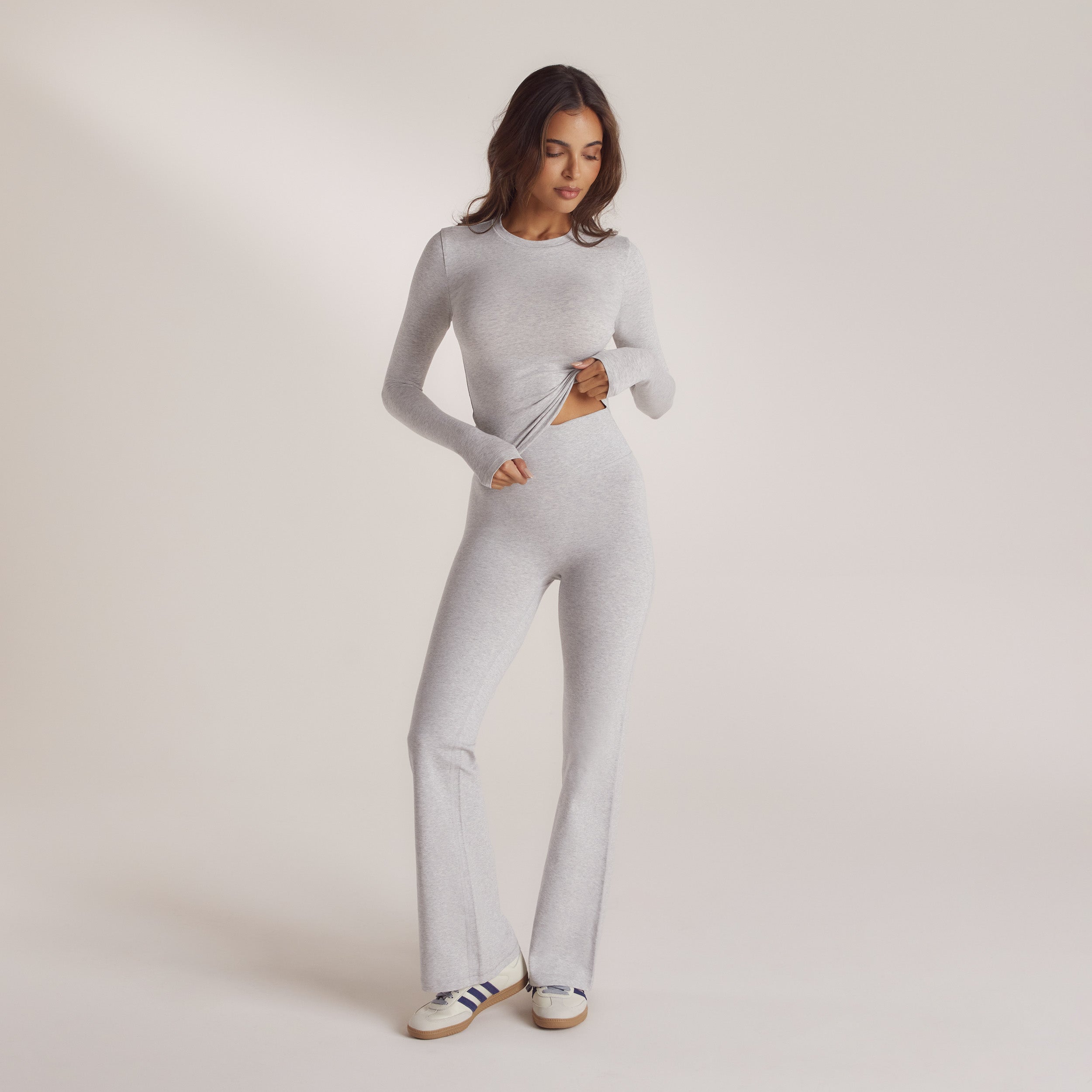 Cotton Blend Long Sleeve Top - Grey Marl - Image 3