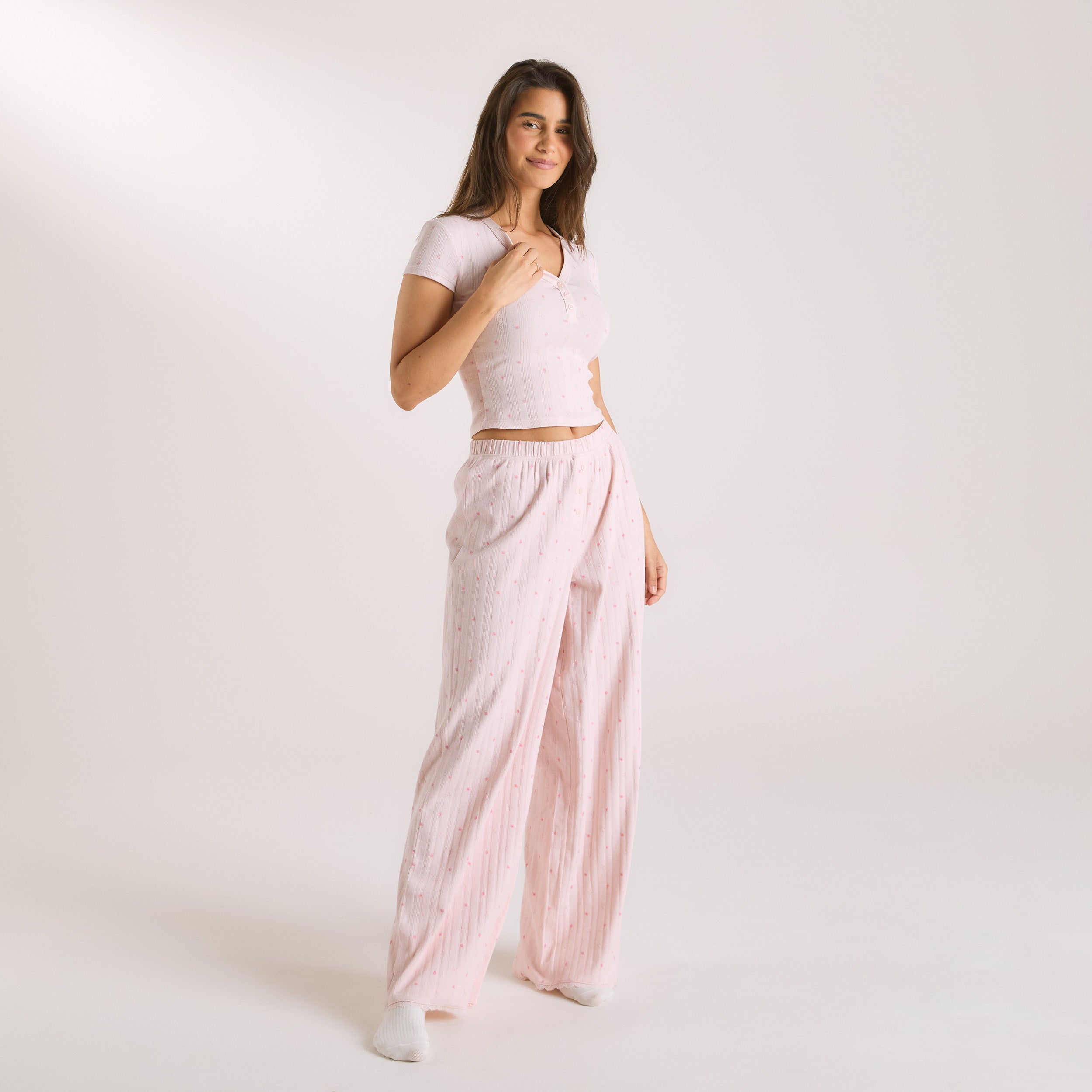 Pointelle Pyjama Top - Pink Floral - Image 4