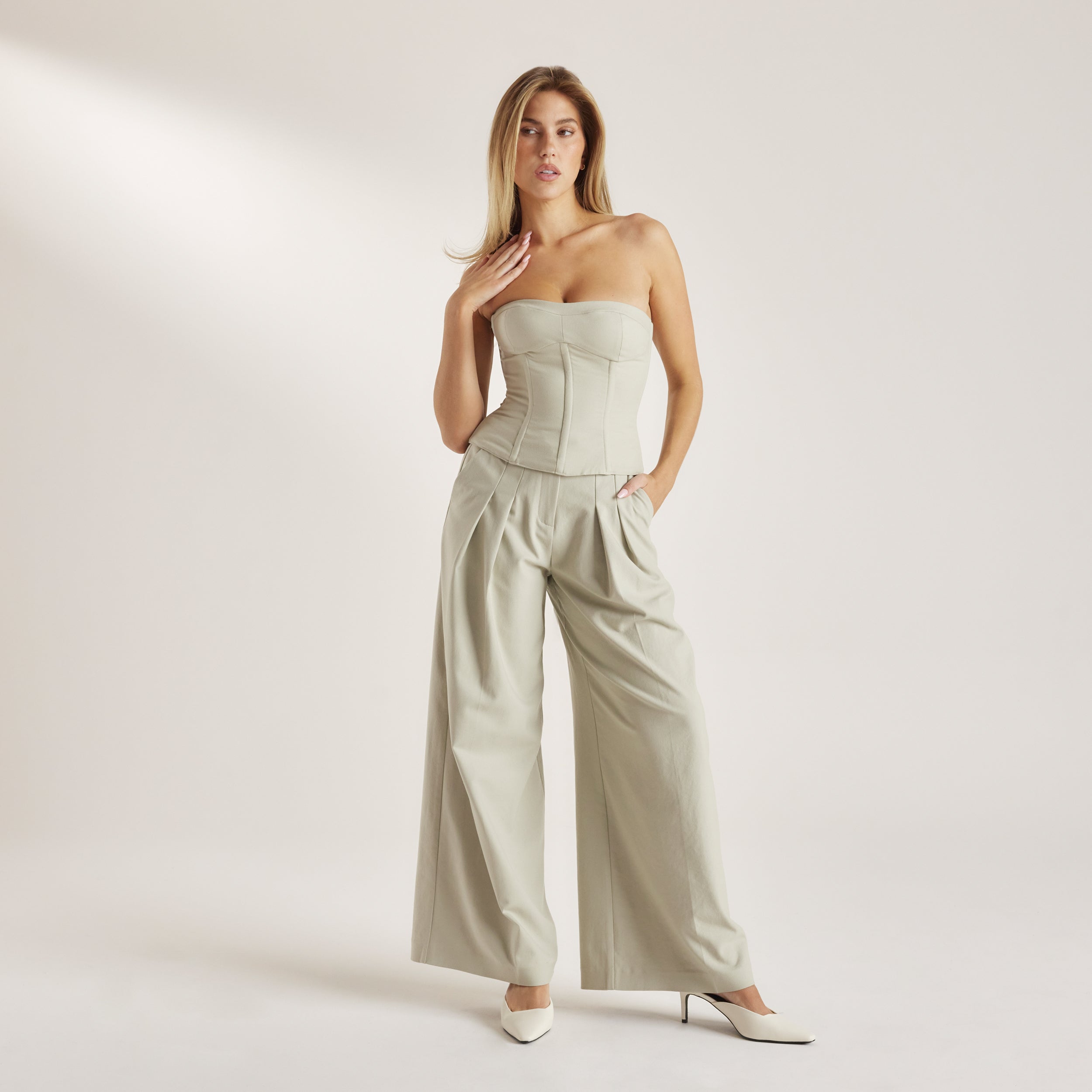 Woven Wide-Leg Trousers - Sage - Image 3