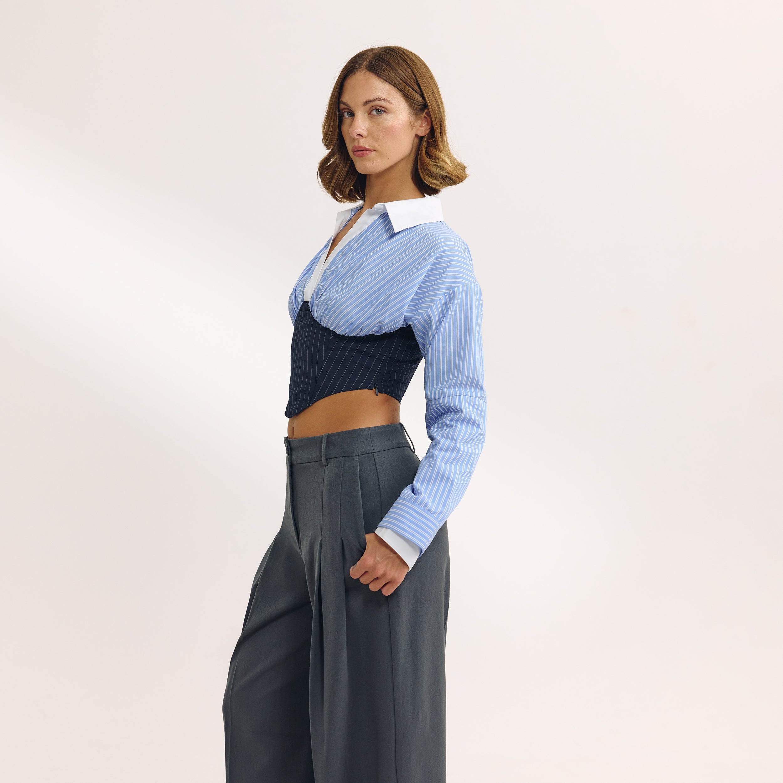Long-Sleeved Corset Shirt - Blue - Image 3