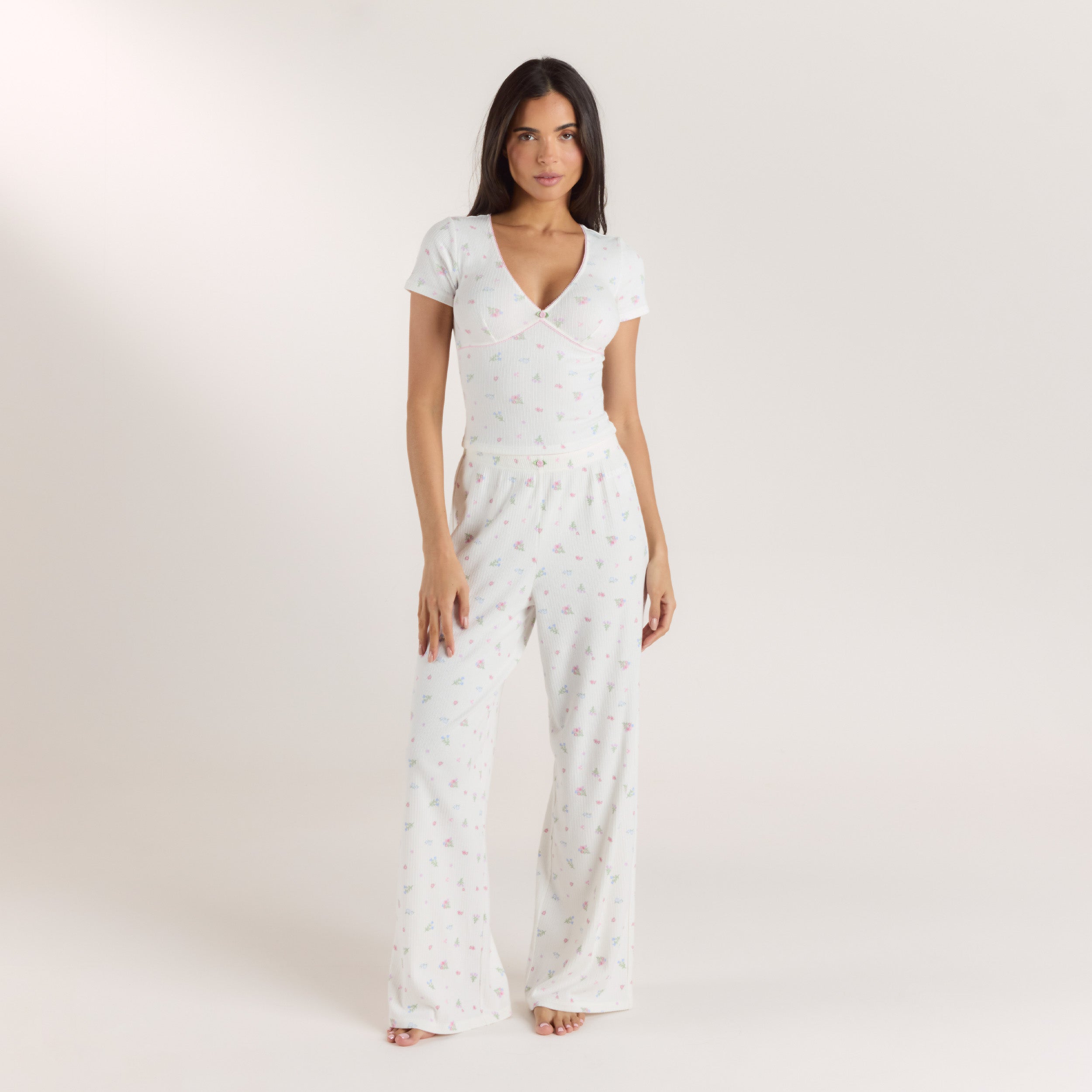 Ribbed Short-Sleeve Pyjama Top - White Floral - Image 3