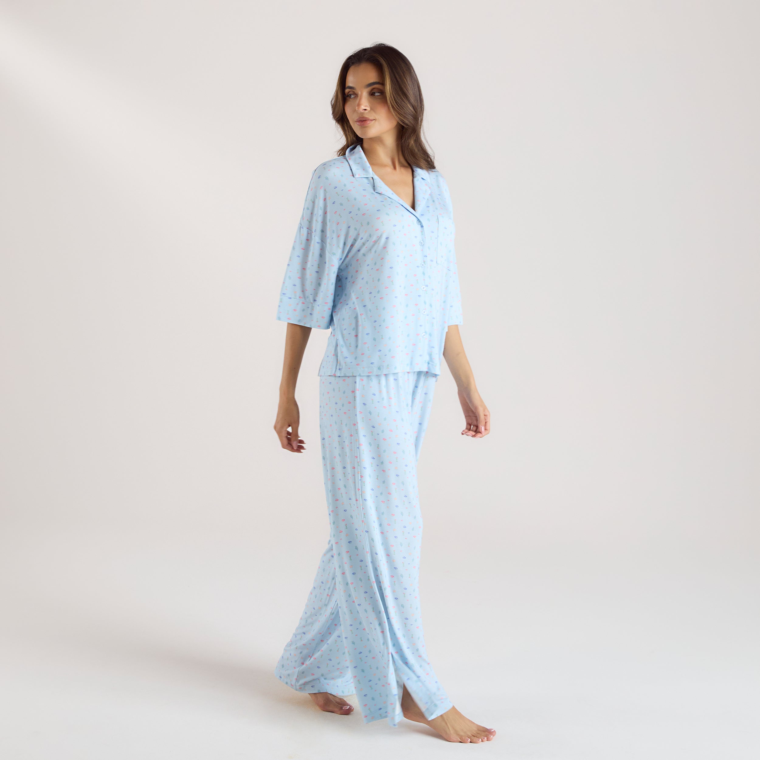 Modal Short Sleeve Pyjama Shirt - Blue Floral - Image 4