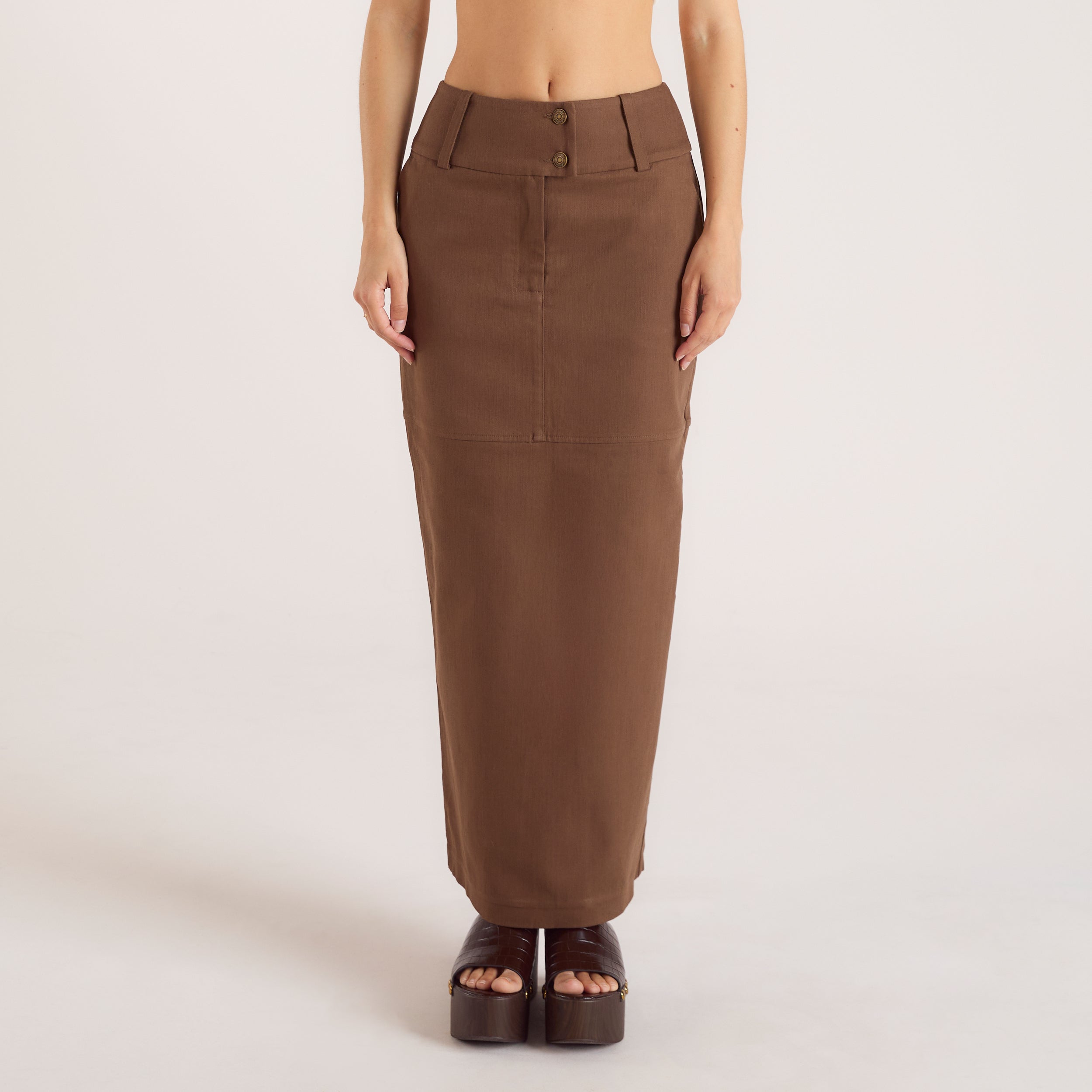 Double Button Woven Maxi Skirt - Chocolate - Image 4