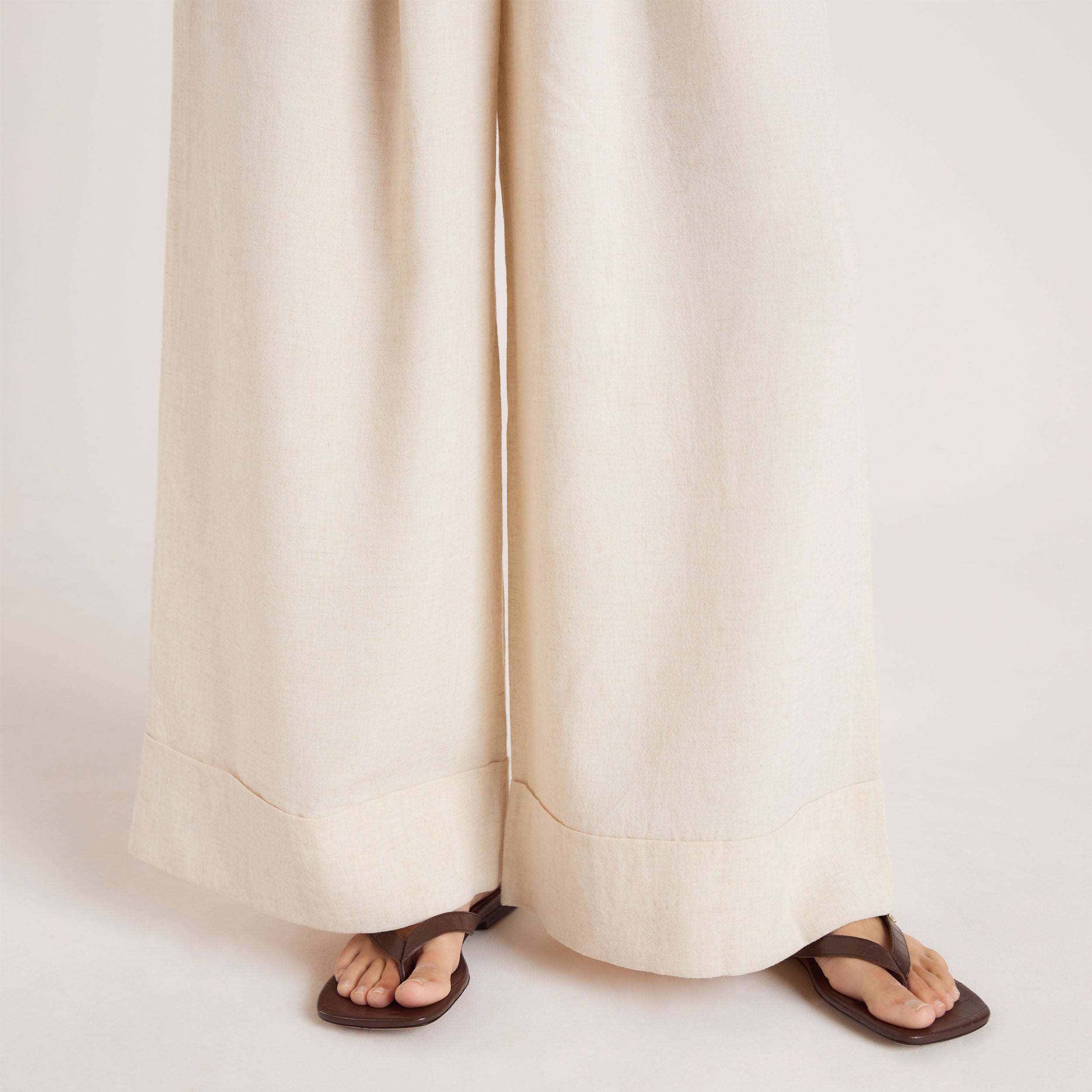 Linen Blend Wide-Leg Trousers - Cream - Image 4
