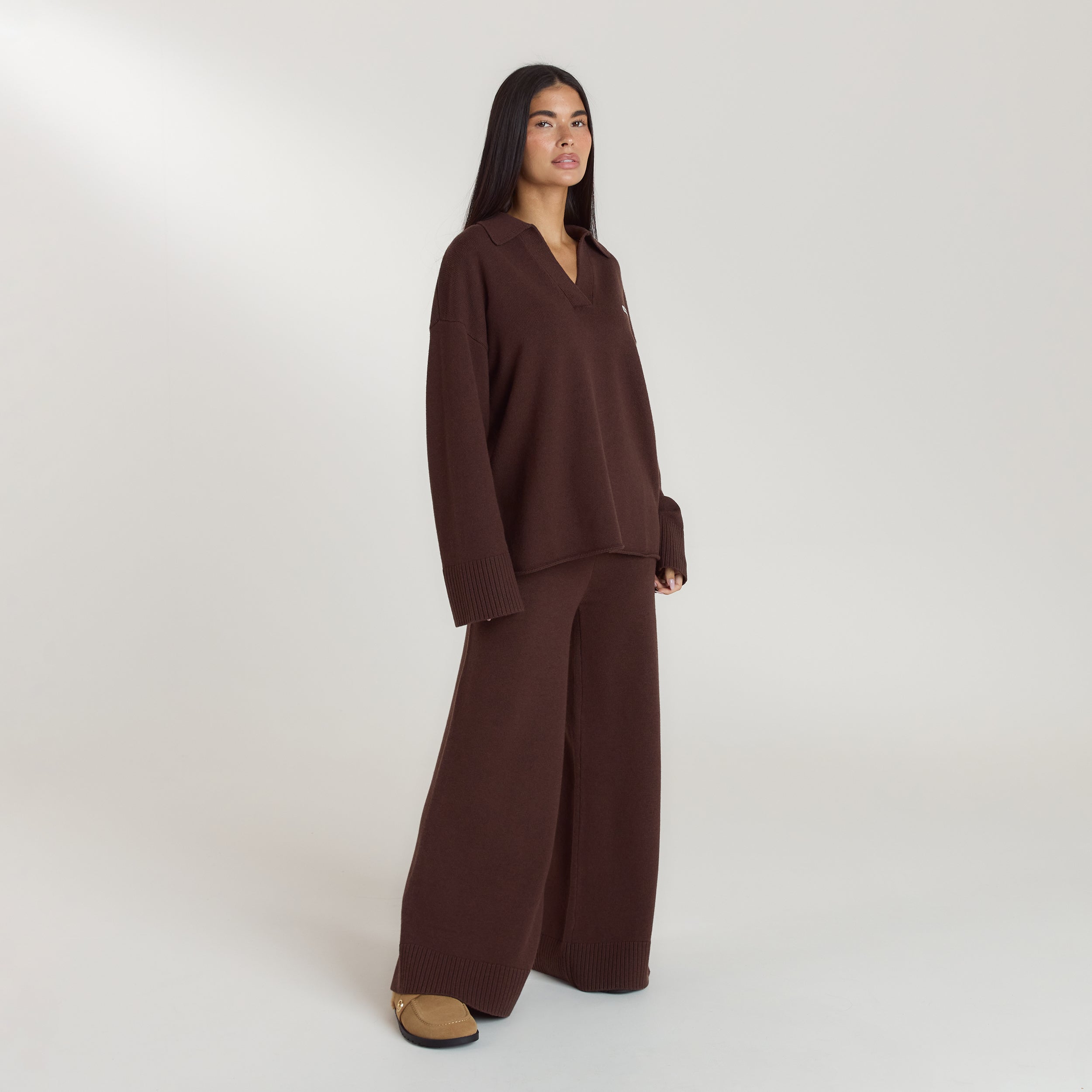 Ribbed Hem Knitted Trousers - Chocolate - Image 5