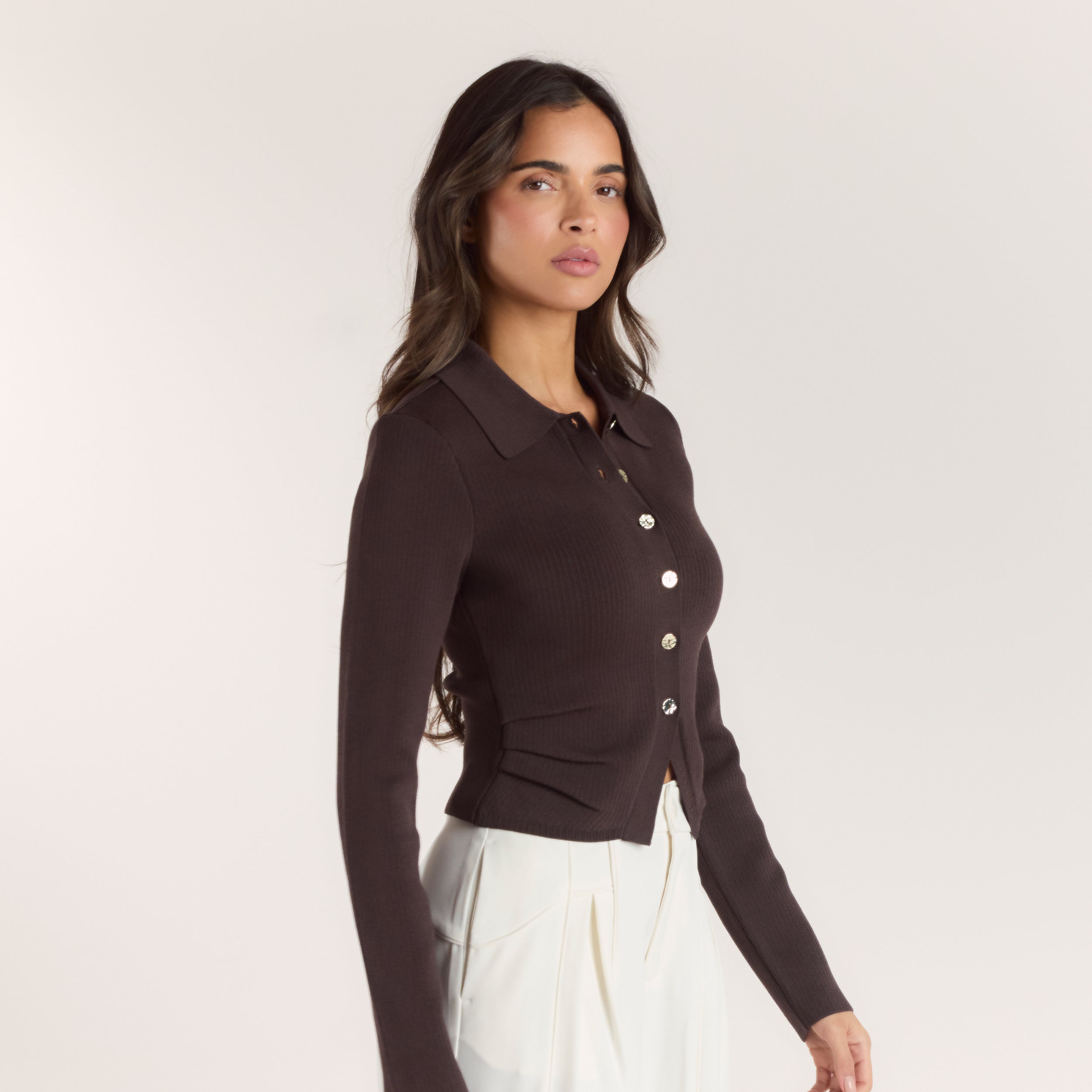Ribbed Knitted Cardigan - Chocolate - Image 5