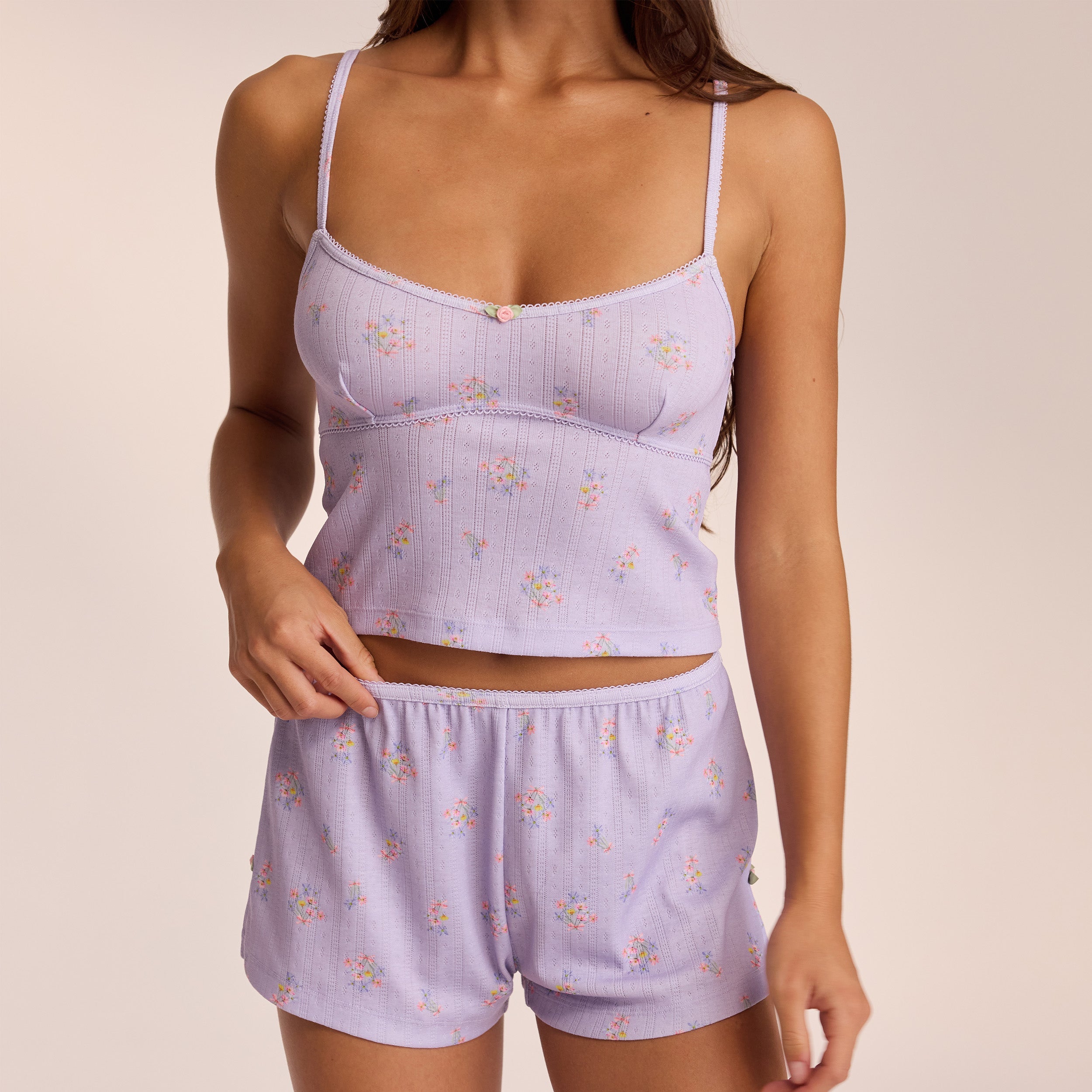 Pointelle Cami Pyjama Top - Lilac Floral - Image 5