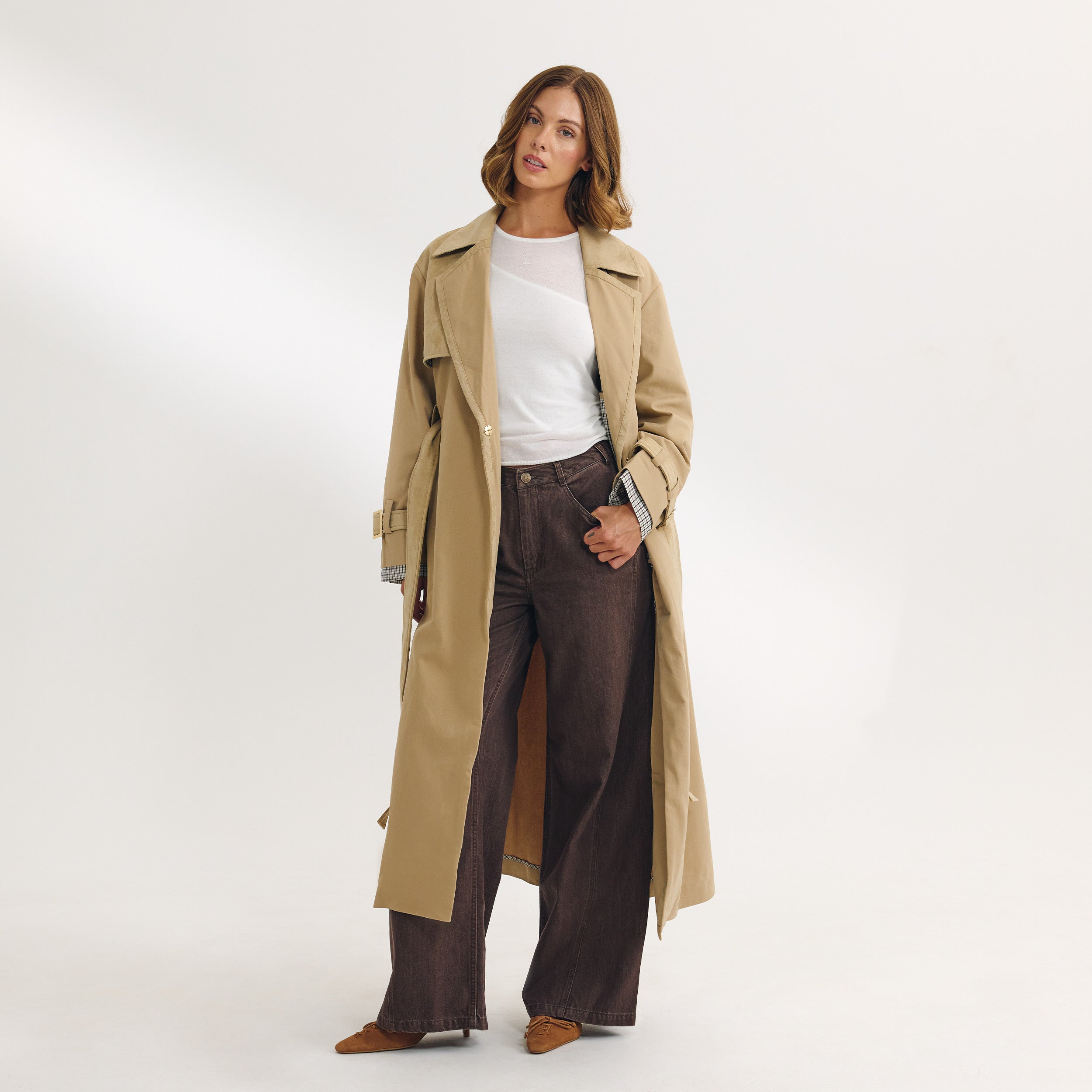 Suedette Trim Trench Coat - Sand - Image 5