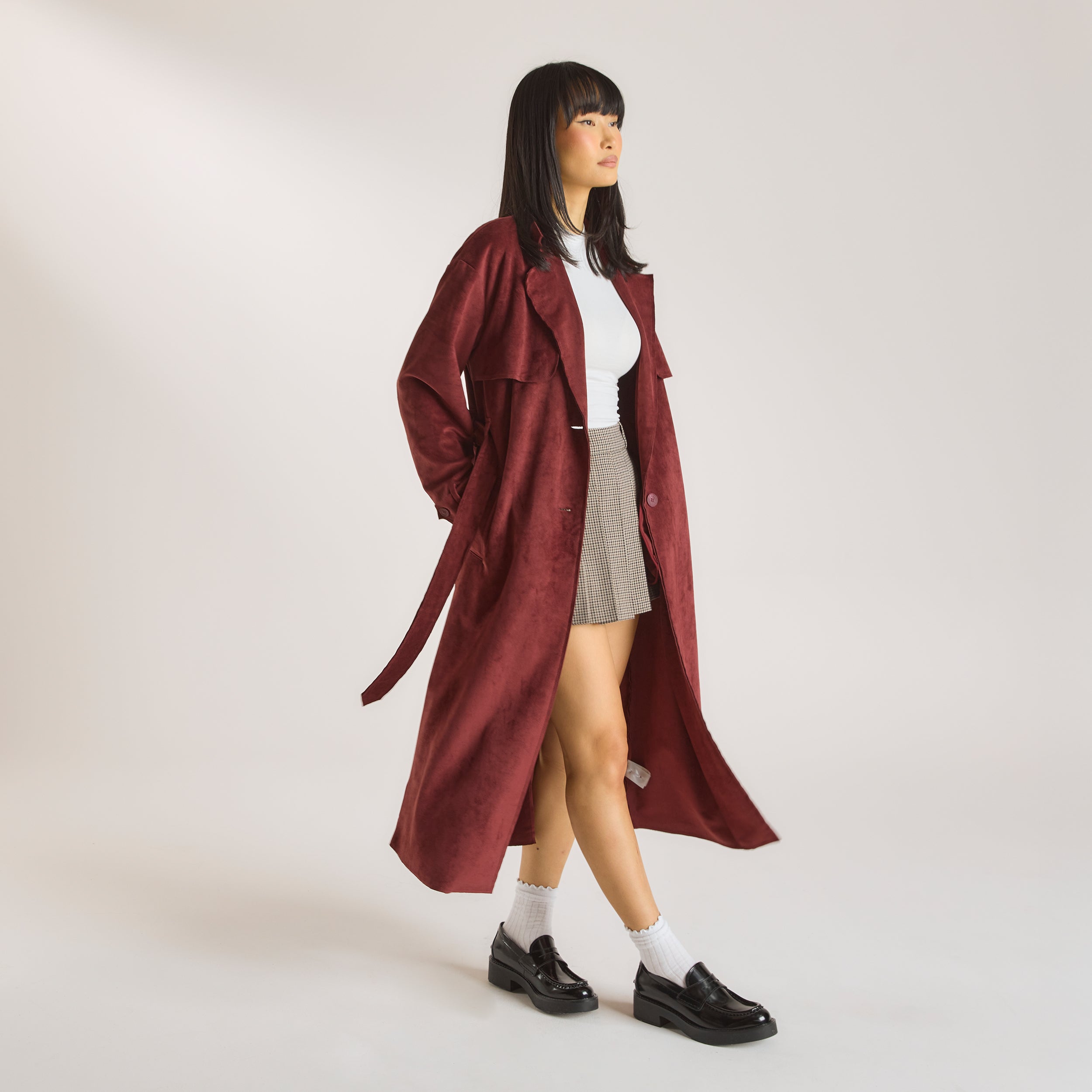 Suedette Trench Coat - Burgundy - Image 5