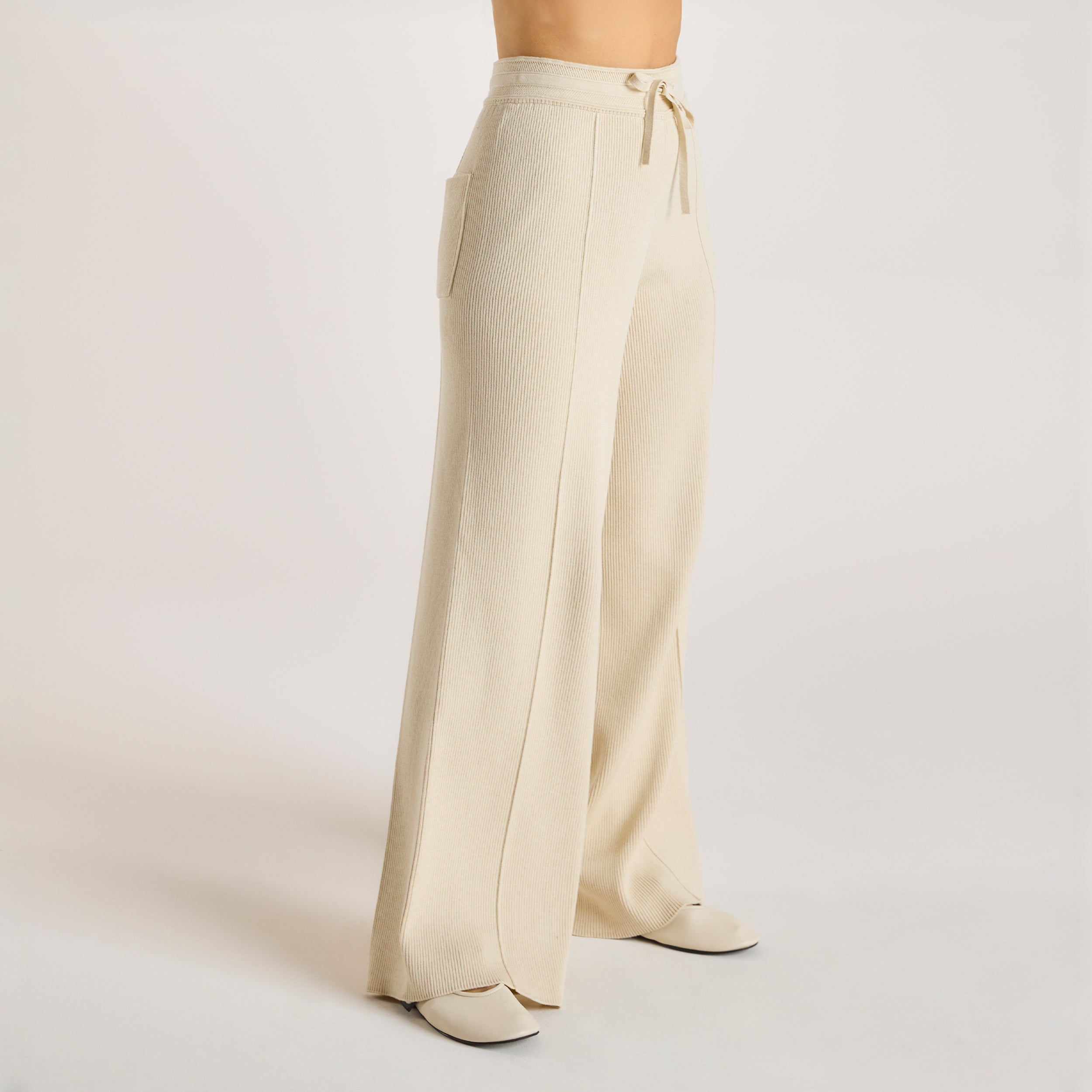 Wide Leg Knitted Trousers - Cream - Image 5