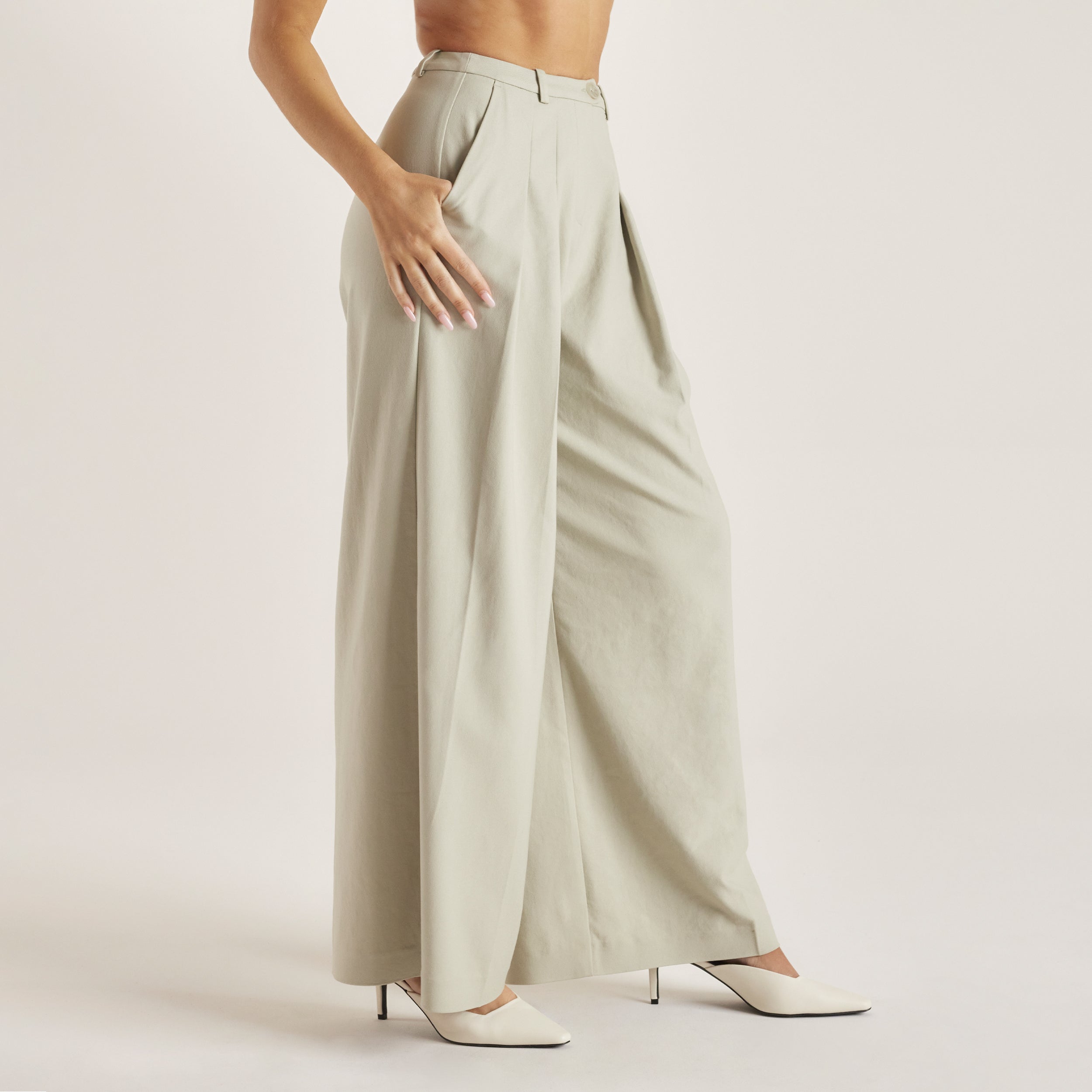 Woven Wide-Leg Trousers - Sage - Image 5