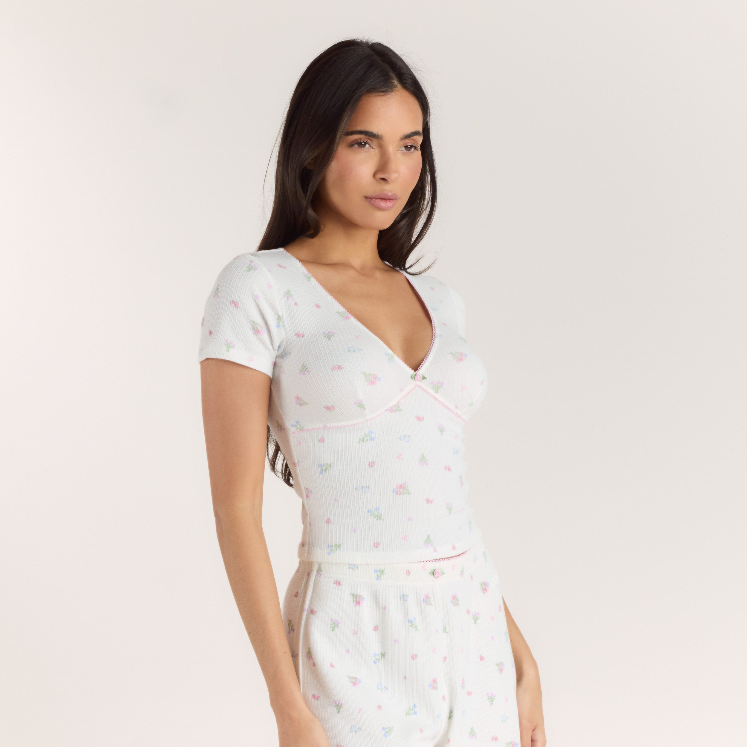 Ribbed Short-Sleeve Pyjama Top - White Floral - Image 5