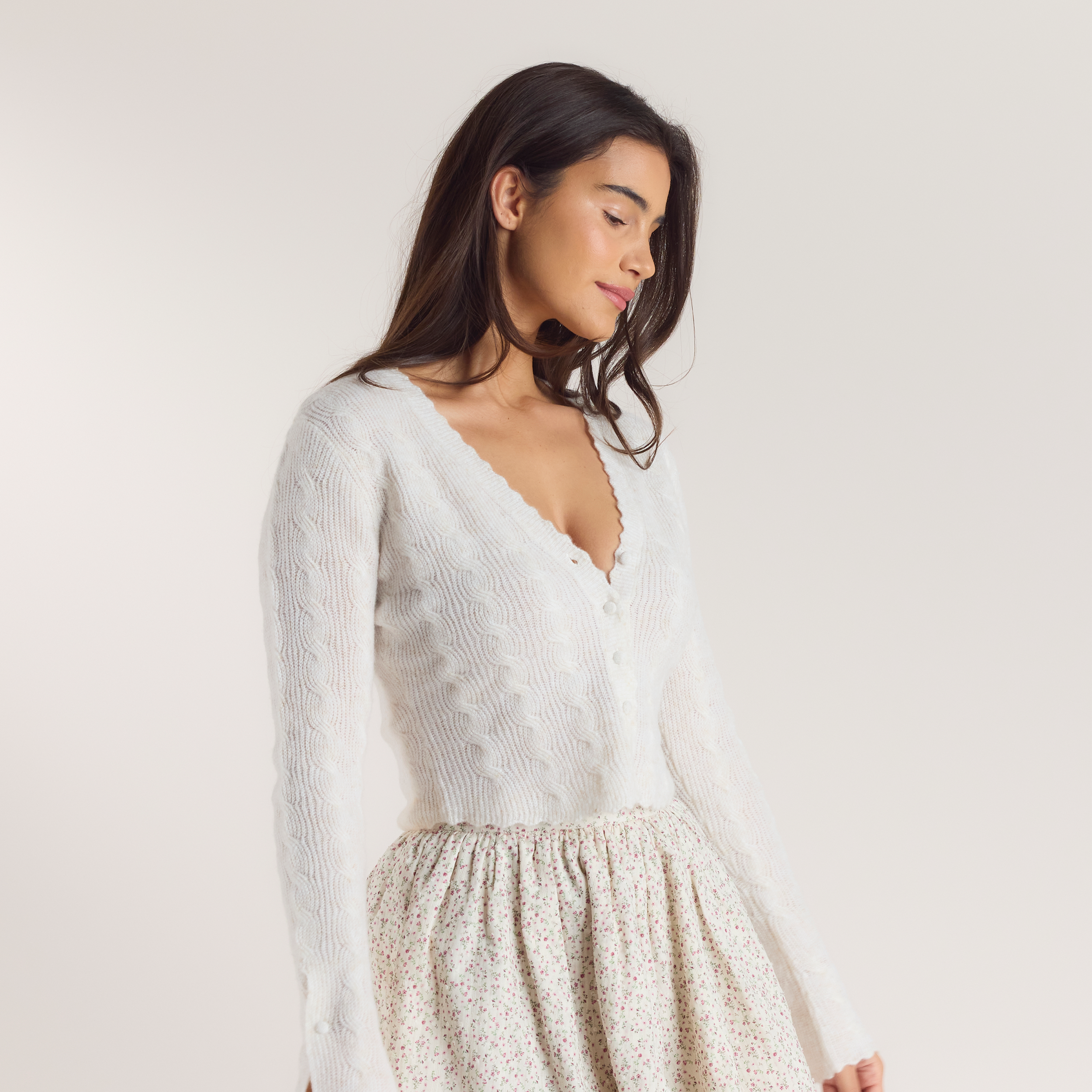 Fluted Sleeve Knitted Cardigan - Cream - Image 6