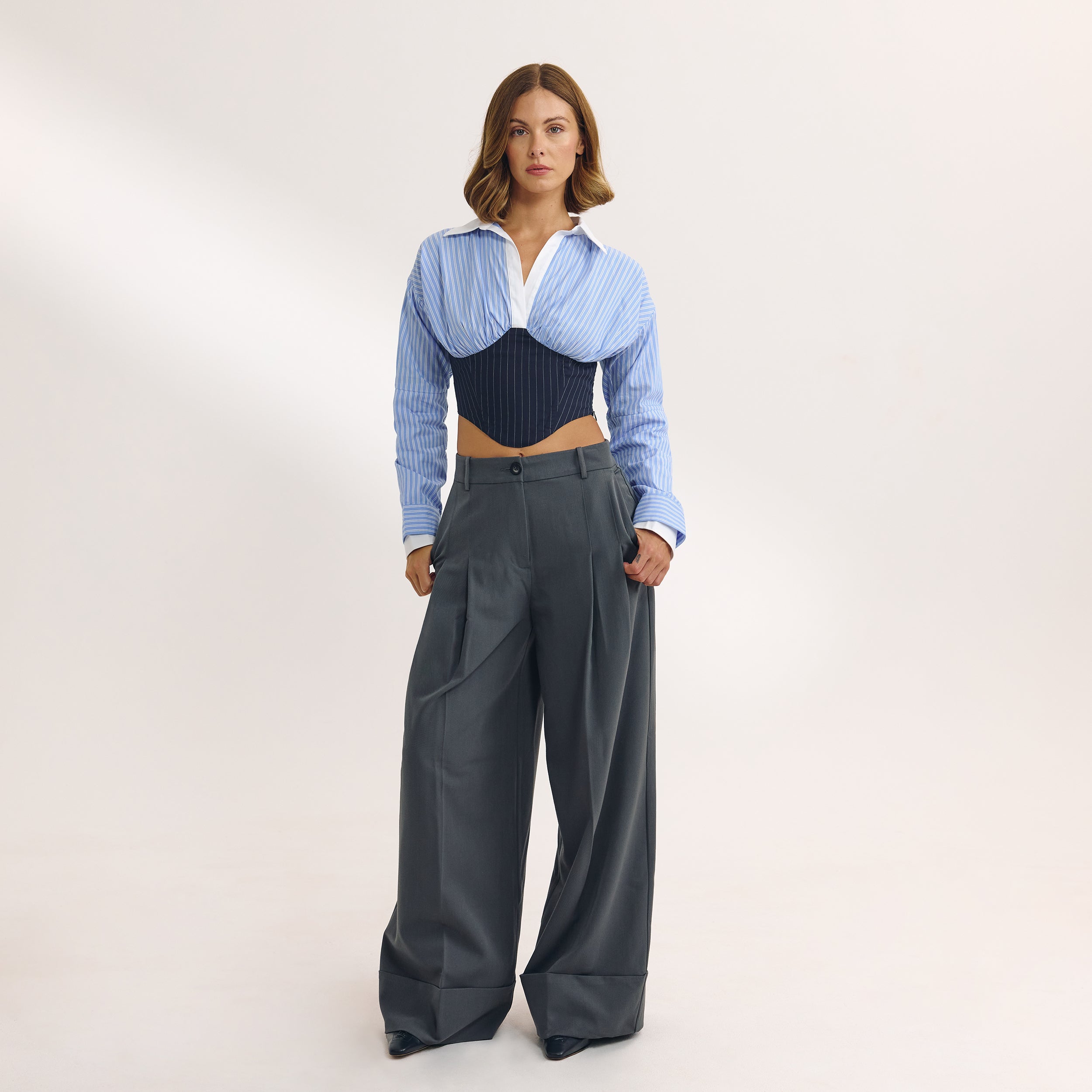 Long-Sleeved Corset Shirt - Blue - Image 6