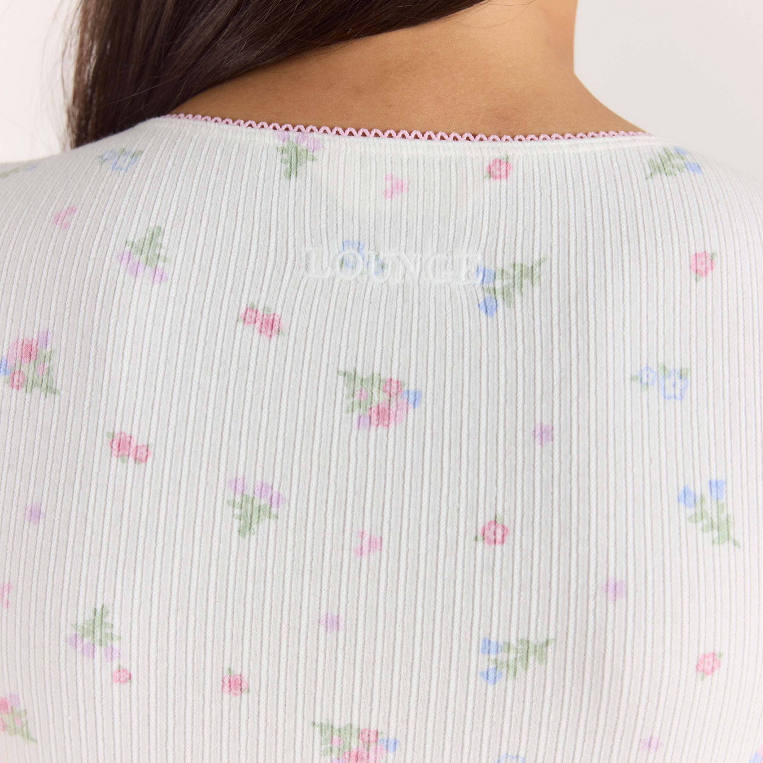 Ribbed Short-Sleeve Pyjama Top - White Floral - Image 6